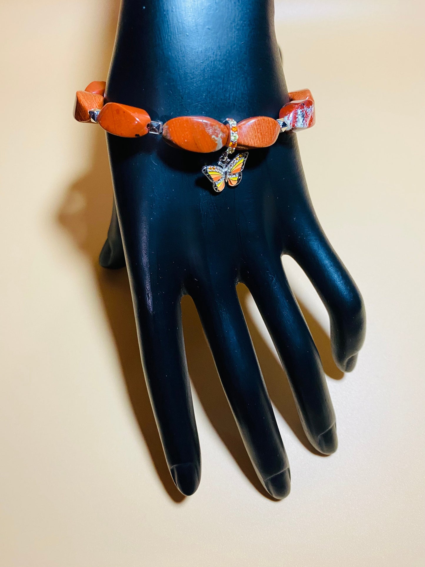 Handmade Red Jasper Bracelet: Butterfly Charm, Gemstone Jewelry