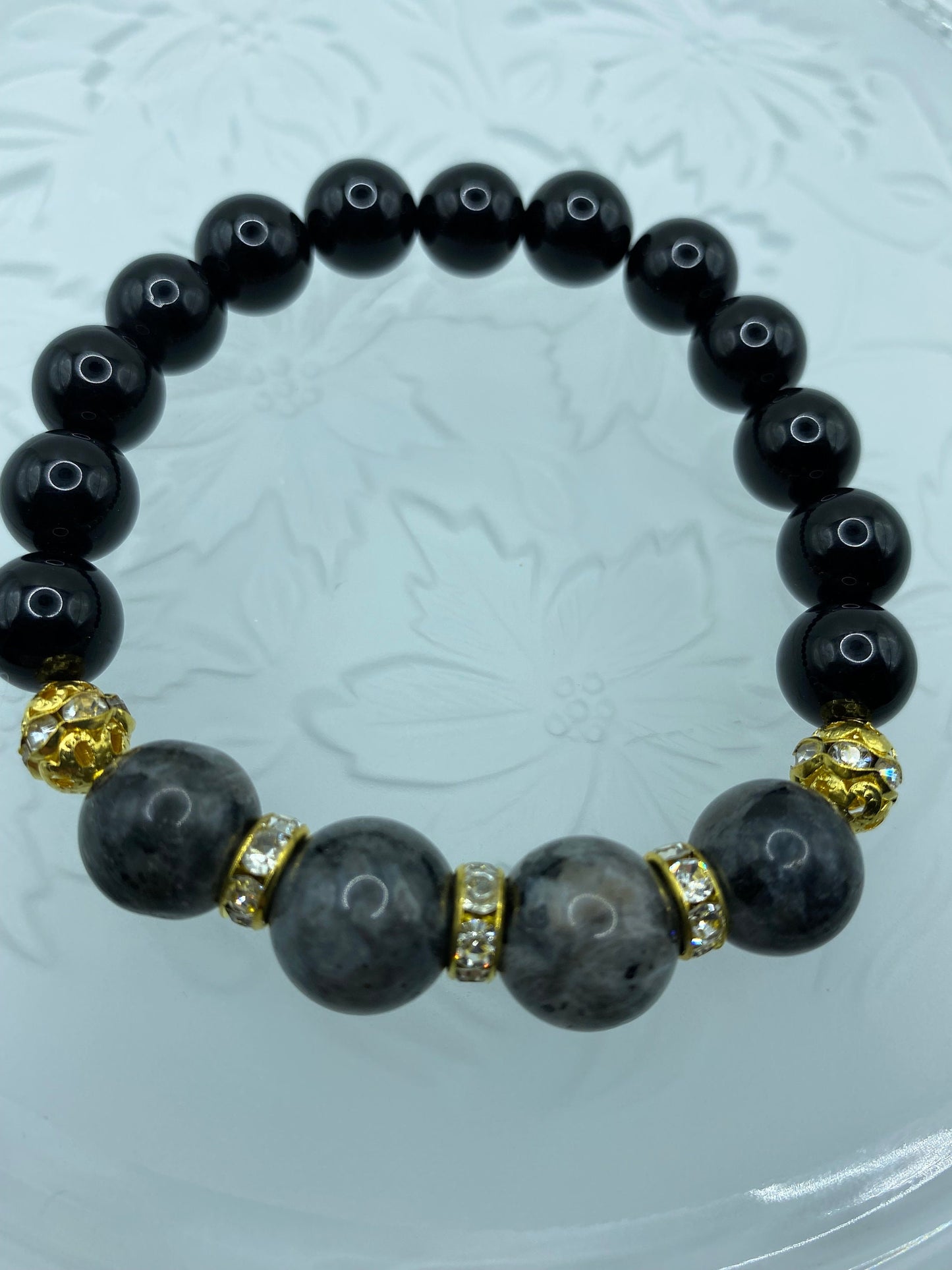 Labradorite & Black Onyx Beaded Bracelet: 18k Gold Rhinestone Rondelles