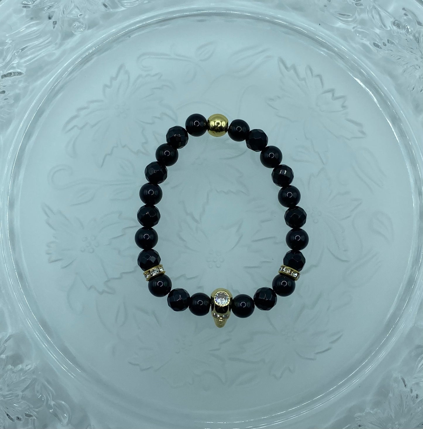 Black Onyx Bracelet: Golden CZ Skull Bead, Goth Jewelry