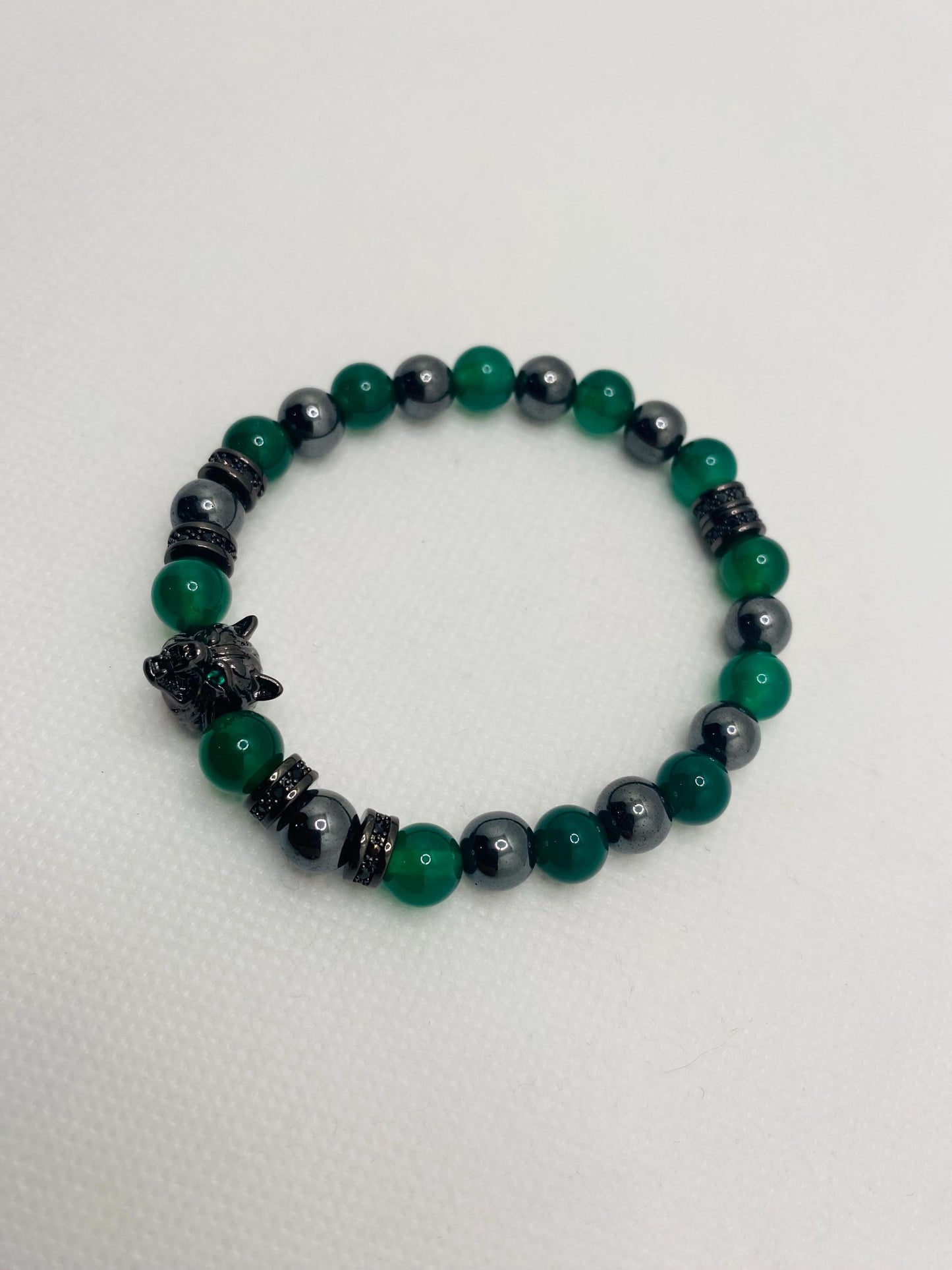 Black Wolf Charm Bracelet: Jade & Hematite Gemstone Beads
