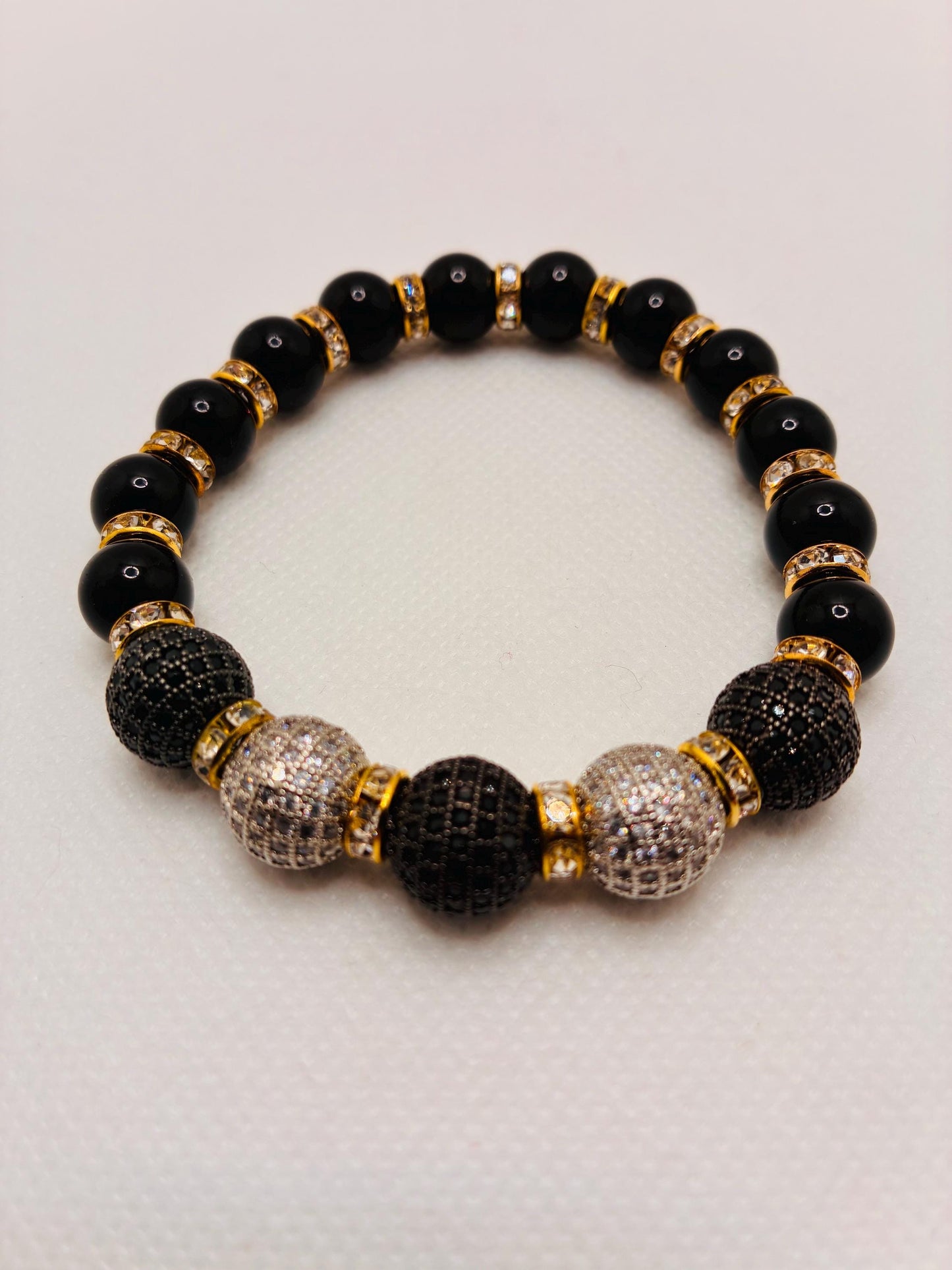 Black Onyx Bracelet with Brass Rhinestone & Zirconia Beads: Gold Plated Rondelles