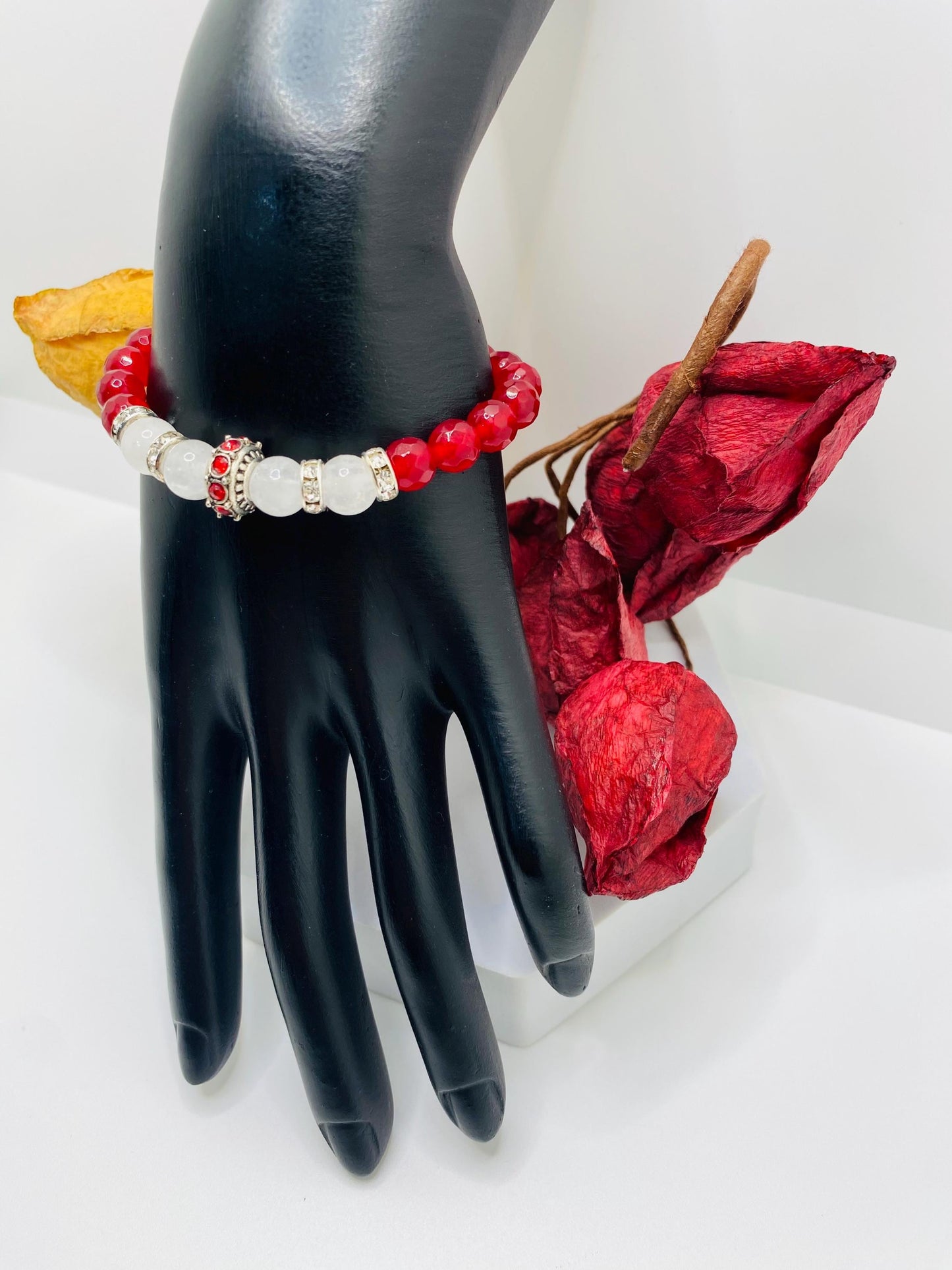 Red Agate & White Jade Charm Bracelet: Silver Rhinestone Accents