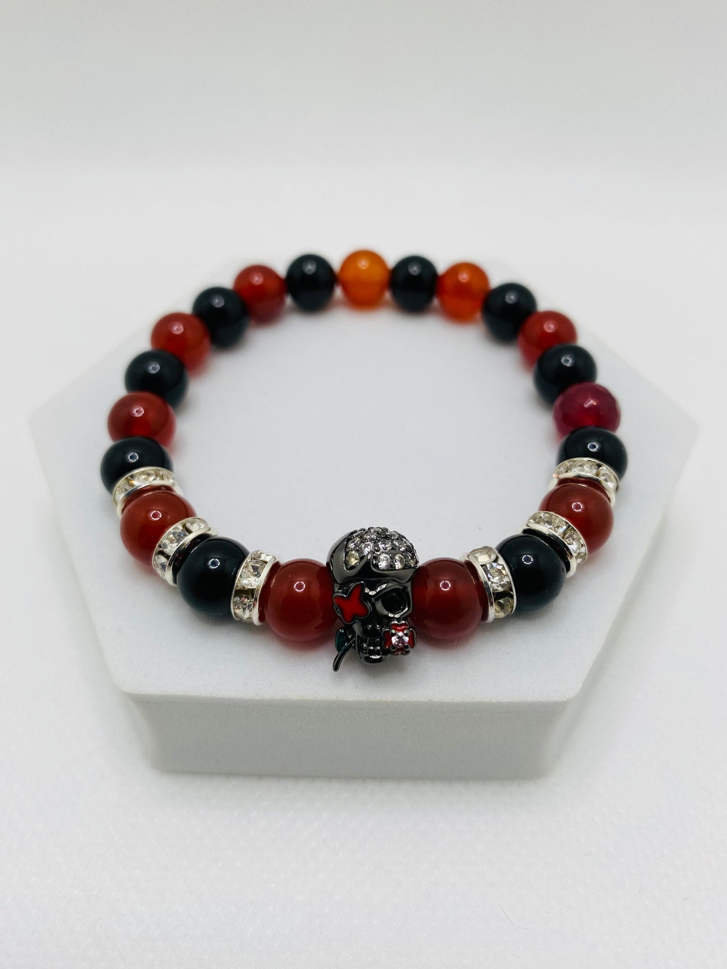 Sugar Skull Bracelet: Black Onyx, Red Carnelian, Rhinestone Rondelles
