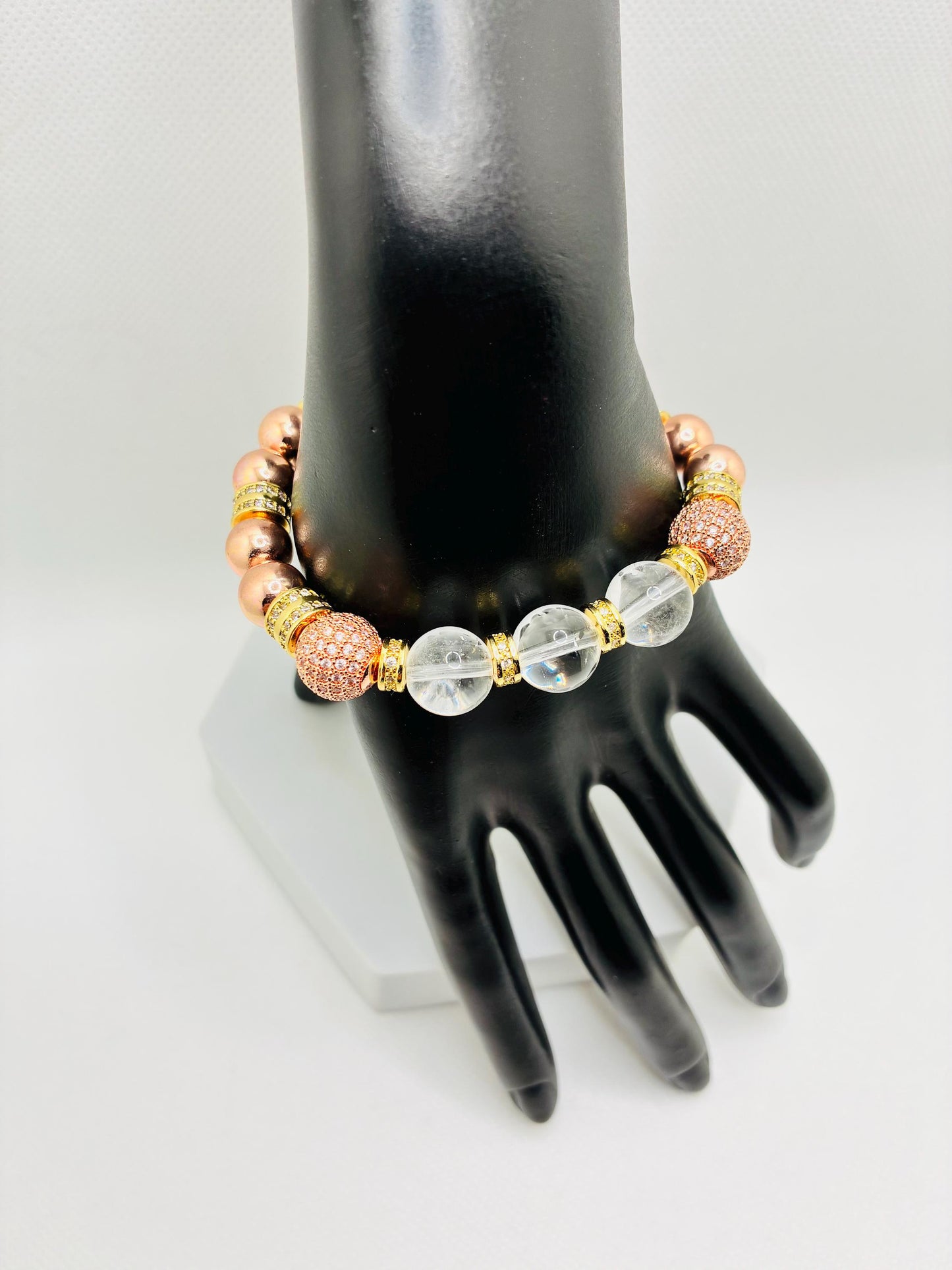 Rose Gold Plated Hematite Bracelet: Clear Quartz & Cubic Zirconia Beads