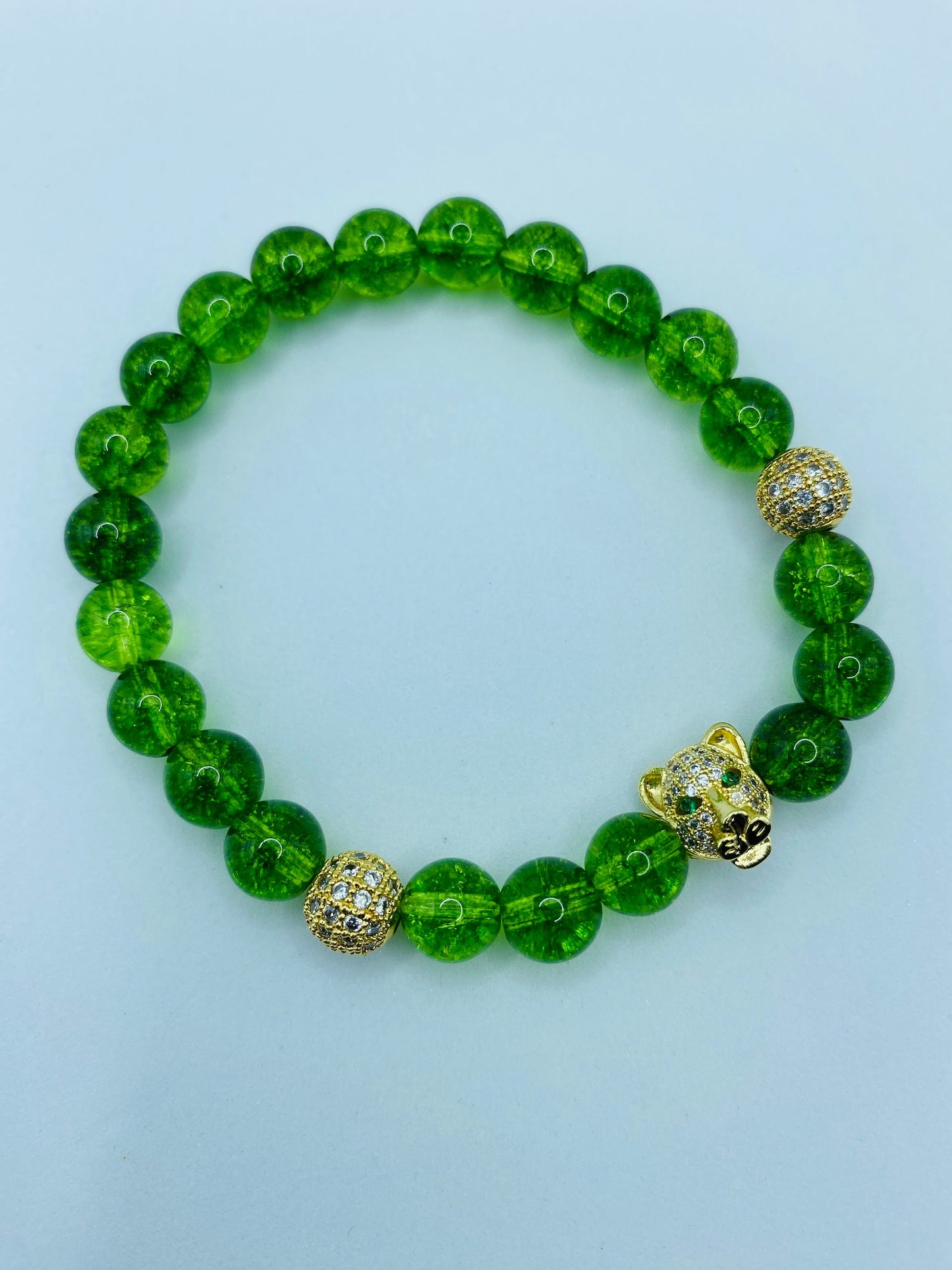 Mens Quartz Crystal Bracelet: Gold Tiger Charm, CZ Beads