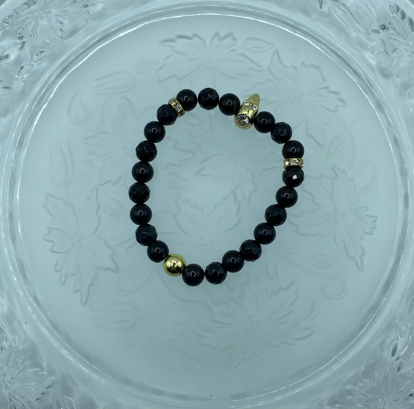 Black Onyx Bracelet: Golden CZ Skull Bead, Goth Jewelry