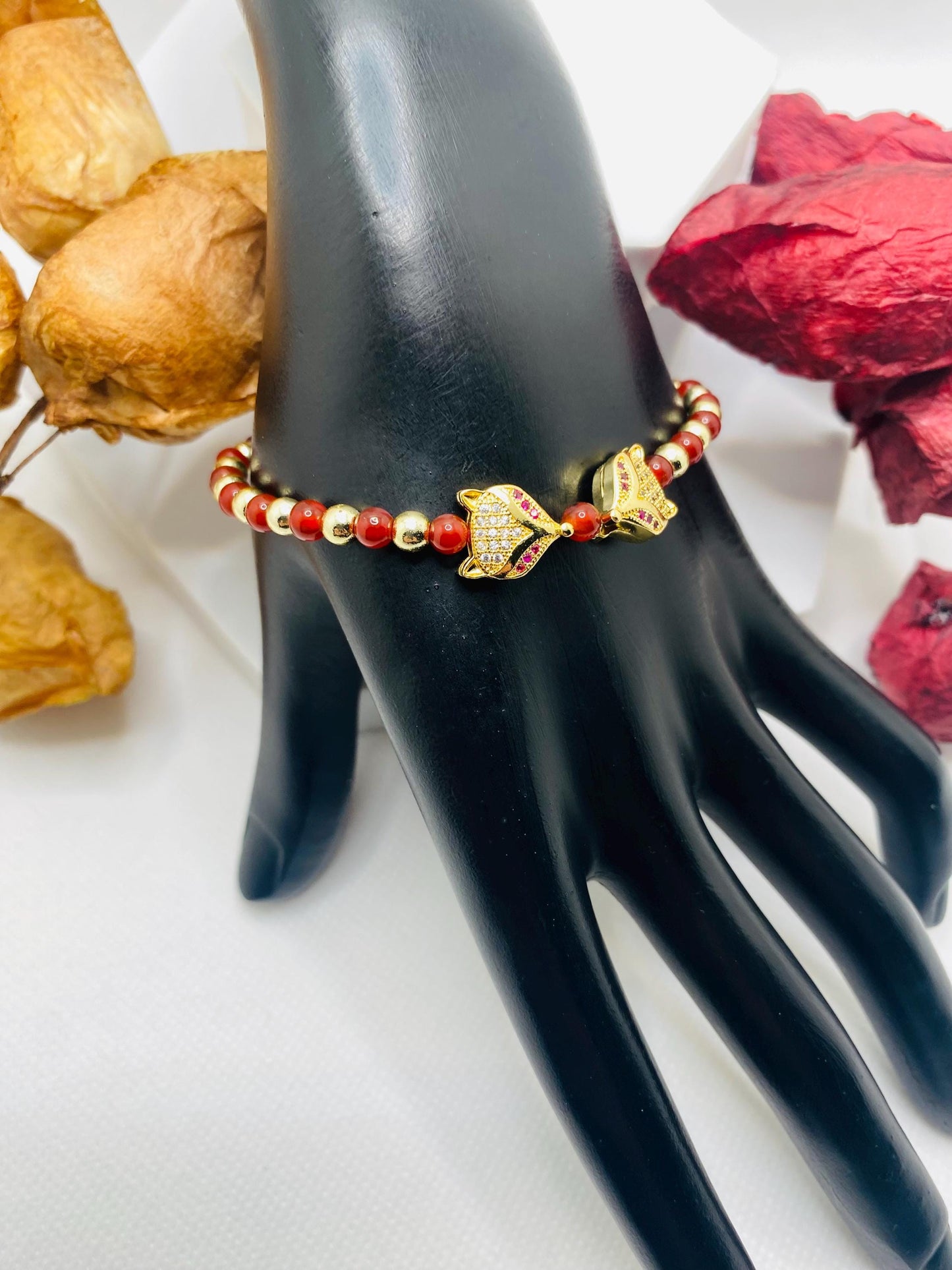 Fox Charm Bracelet: Carnelian, Gold Hematite & Cubic Zirconia