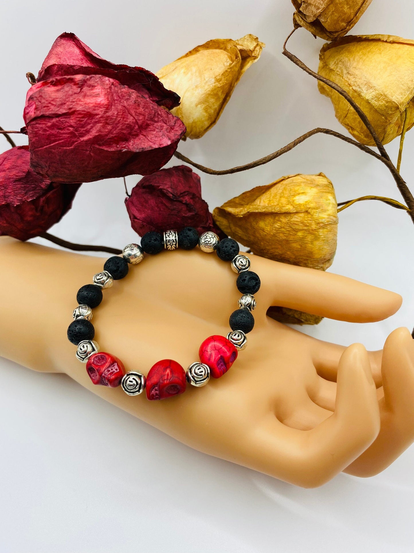 Day of the Dead Lava Rock Bracelet, Red Skull Beads & Metal flowers - Dia de Los Muertos - Gifts for Her