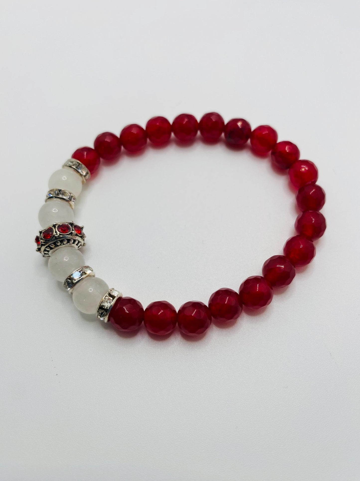 Red Agate & White Jade Charm Bracelet: Silver Rhinestone Accents