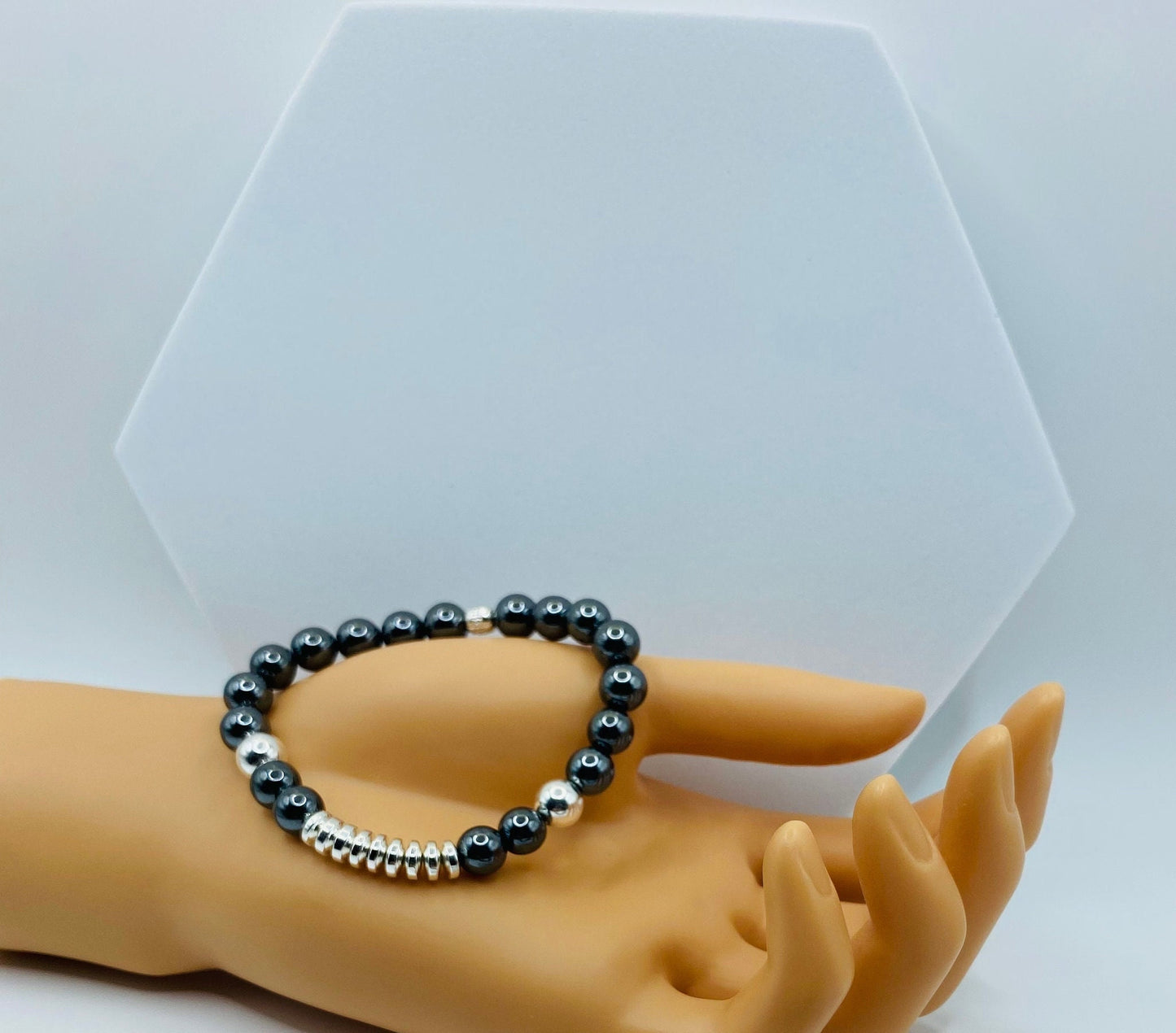 Mens Hematite Beaded Bracelet: Silver Plated Gemstone Jewelry