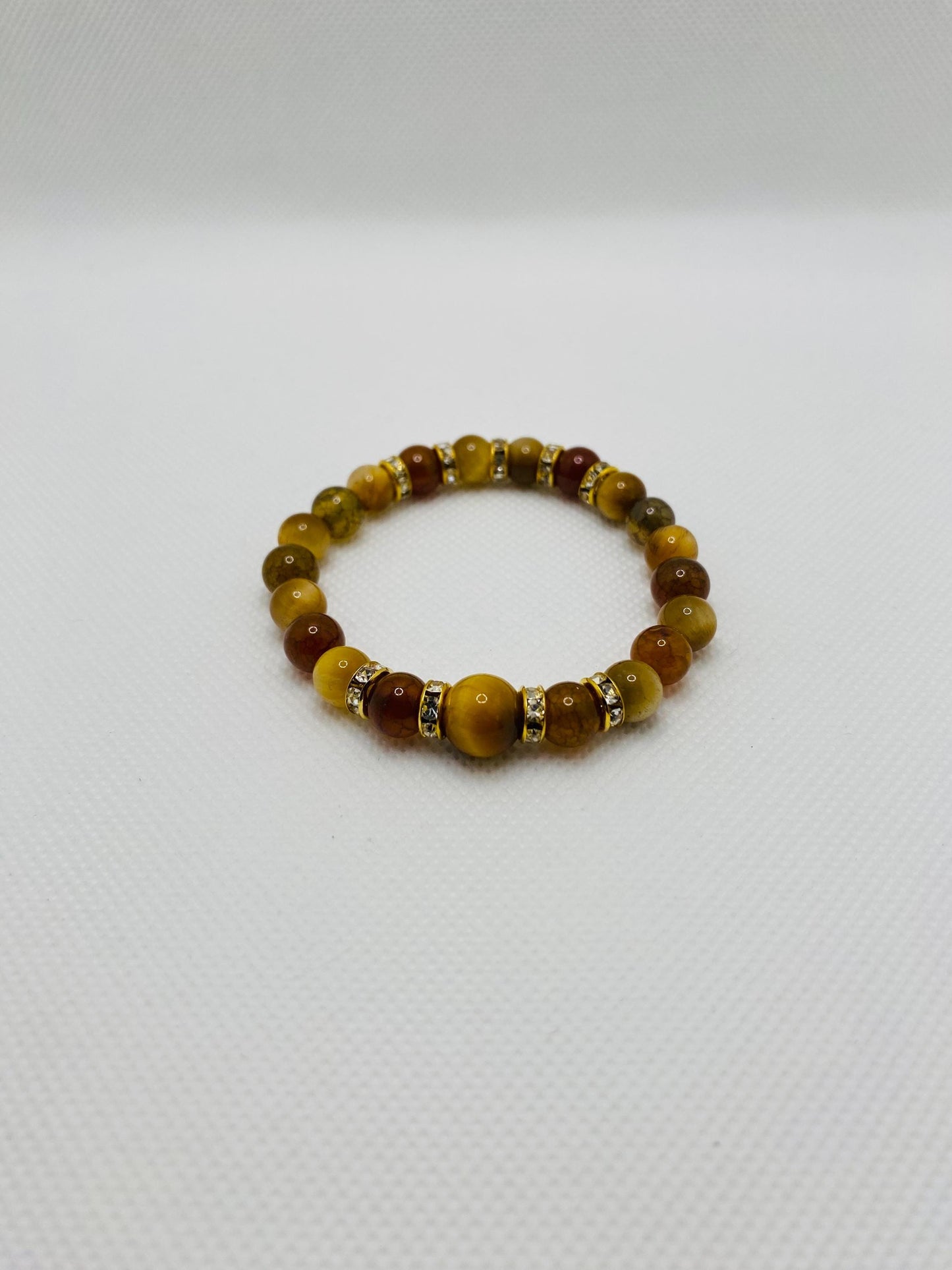 Tigers Eye & Agate Beaded Bracelet: Gold Rhinestone Spacers