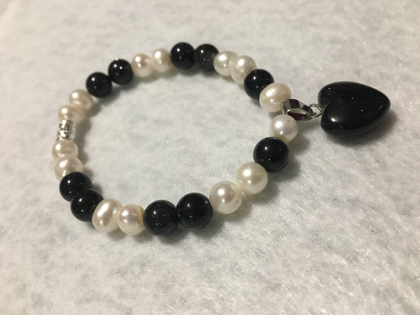 Pearl Bracelet: Blue Sandstone Heart Pendant, Handmade Jewelry