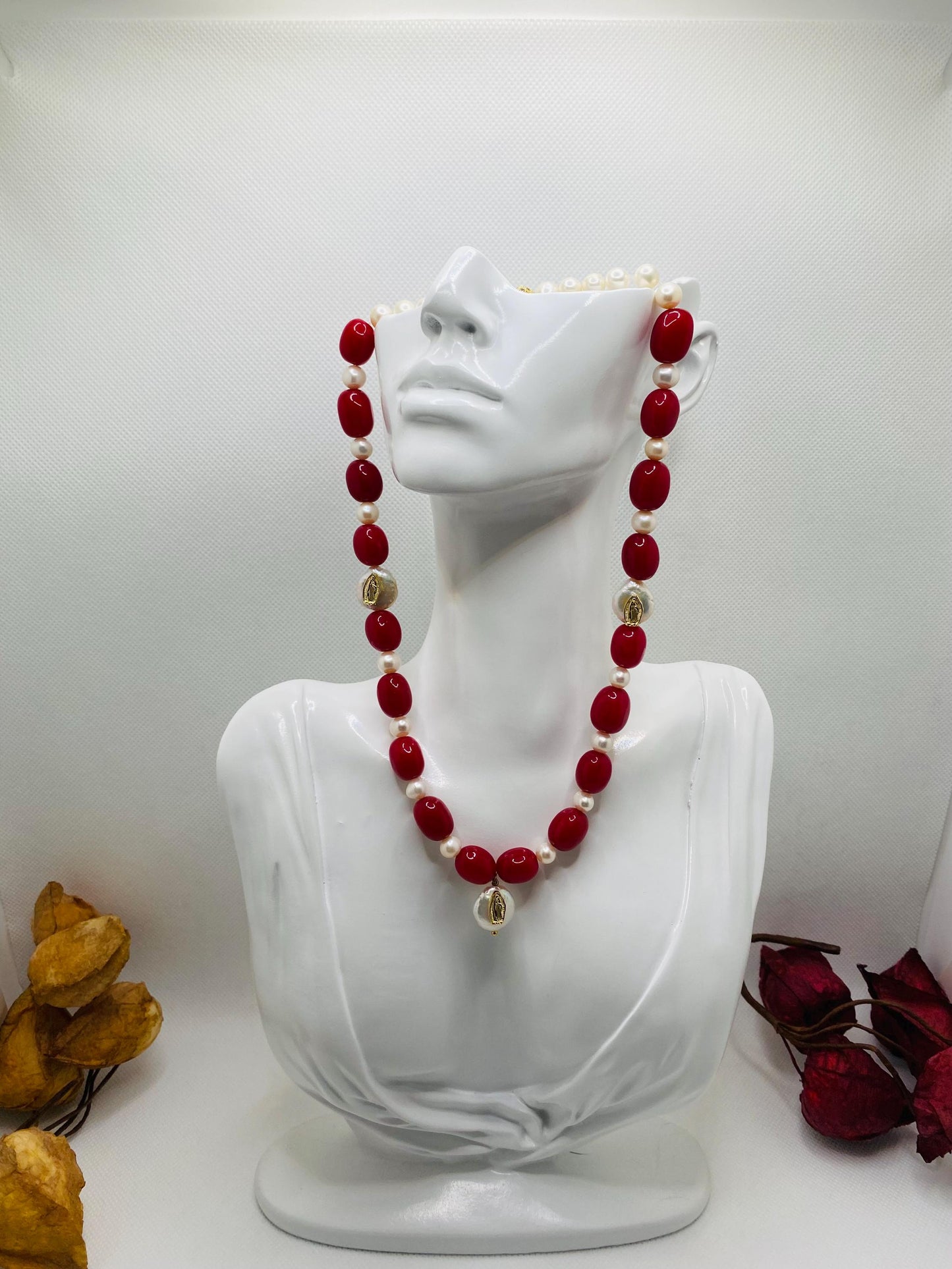 Handmade Red Jade Pearl Necklace: Virgin Mary Religious Jewelry