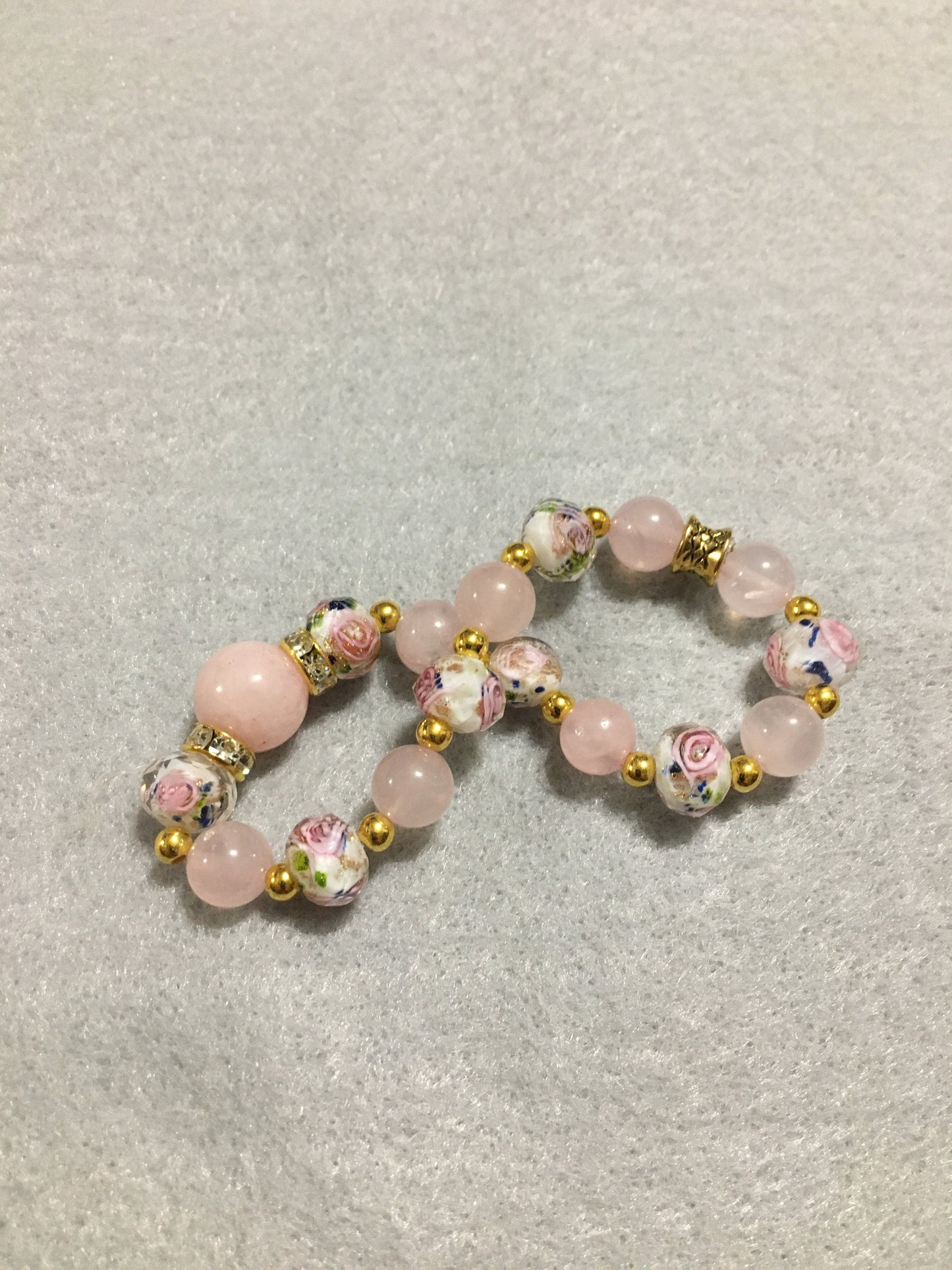 Handmade Rose Quartz Bracelet: Lampwork Floral Glass Beads