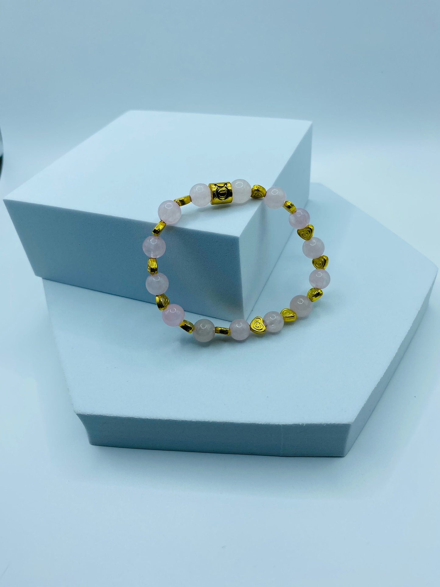 Rose Quartz Bracelet: 18K Gold Heart & Taurus Zodiac Charm