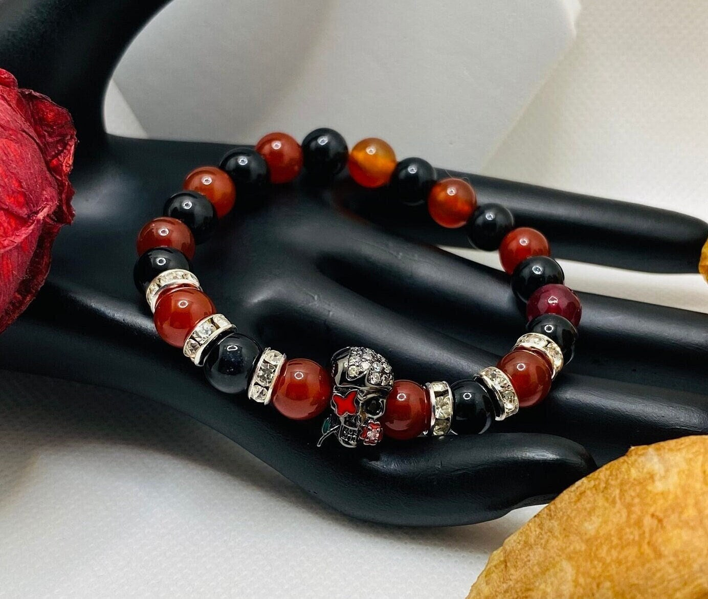 Sugar Skull Bracelet: Black Onyx, Red Carnelian, Rhinestone Rondelles