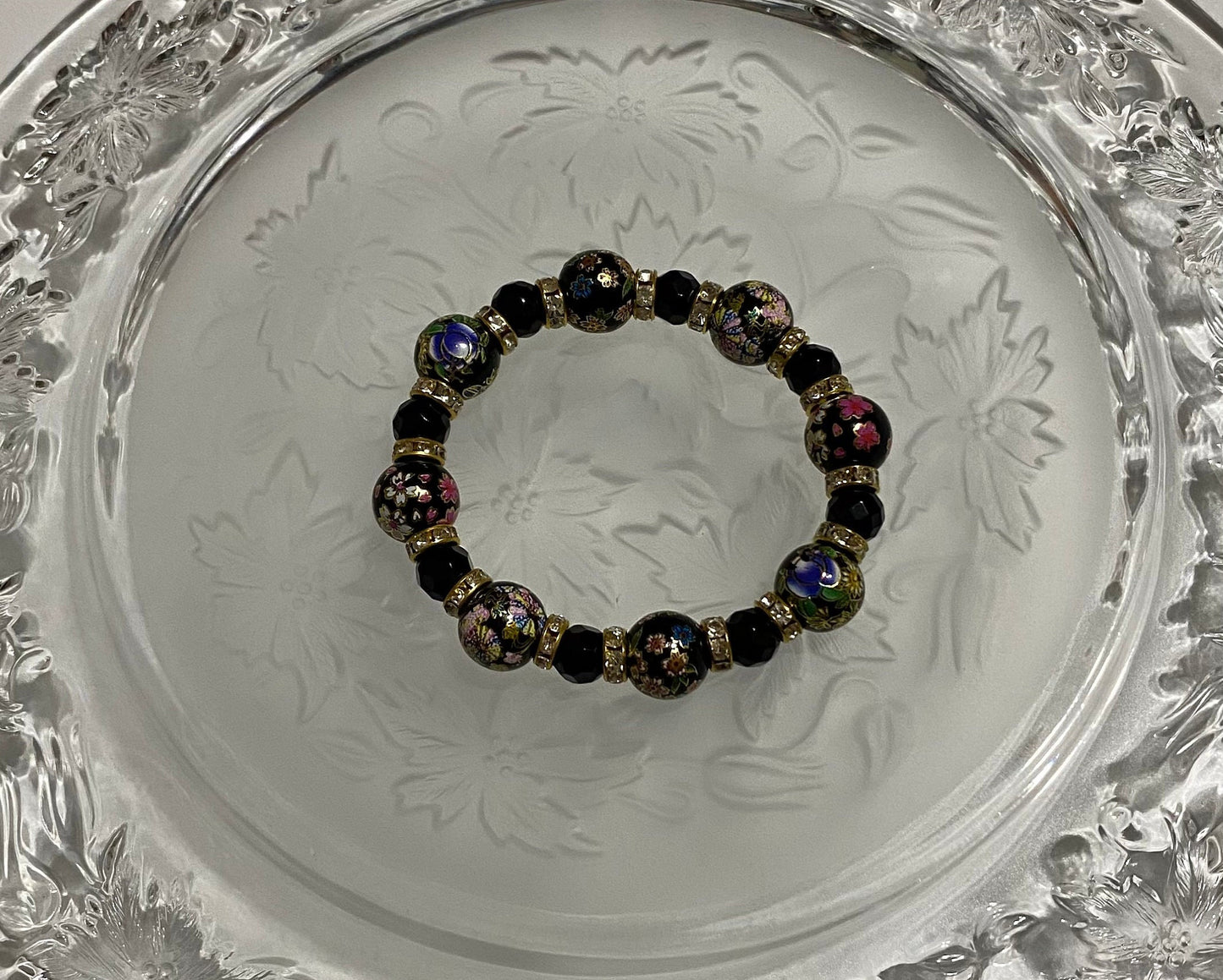 Black Onyx Bracelet: Hand-Painted Floral Glass Beads, 18k Gold Rhinestone