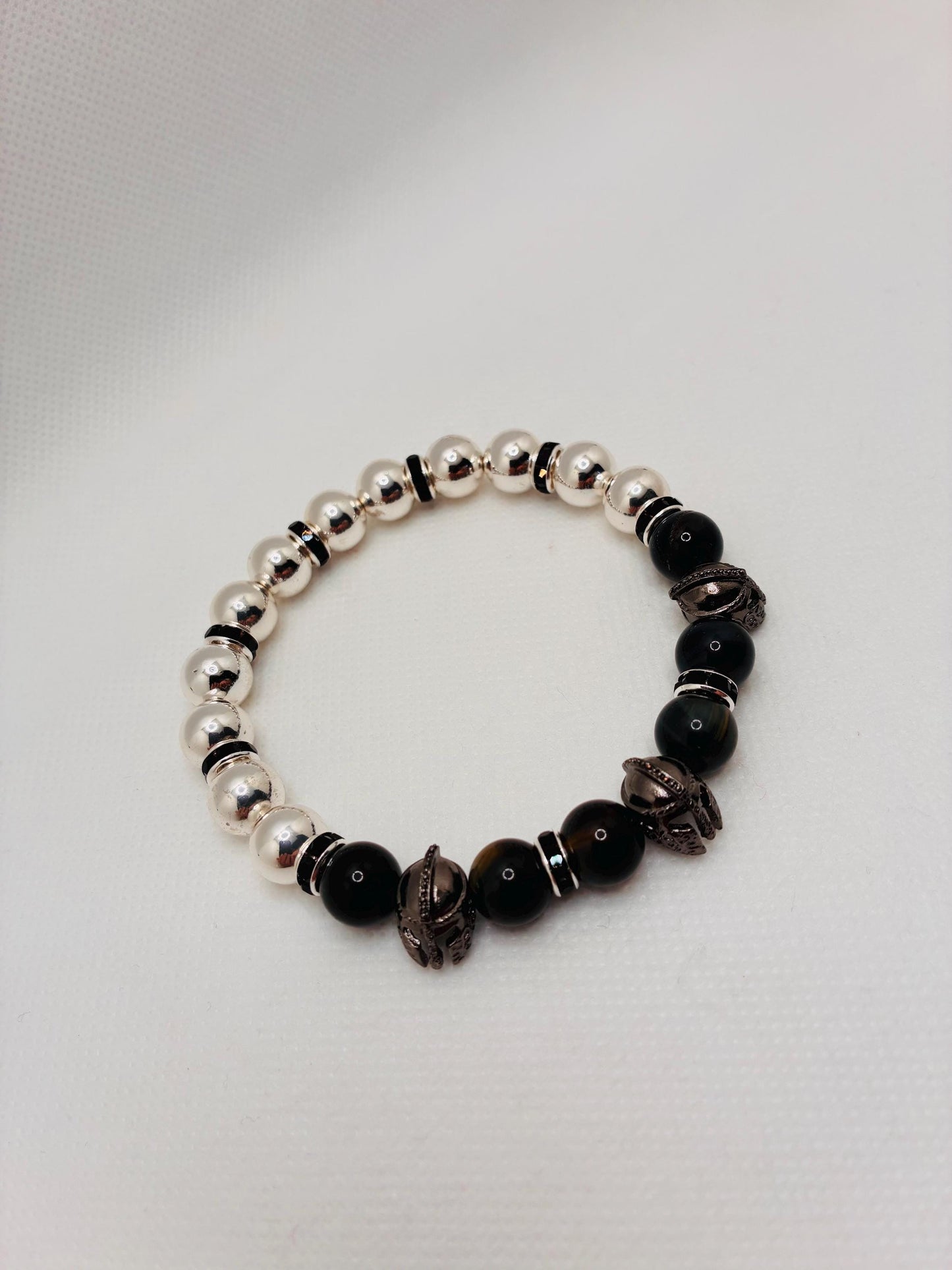 Mens Spartan Helmet Bracelet: Silver Hematite & Obsidian Gemstone Beads, Medieval Jewelry