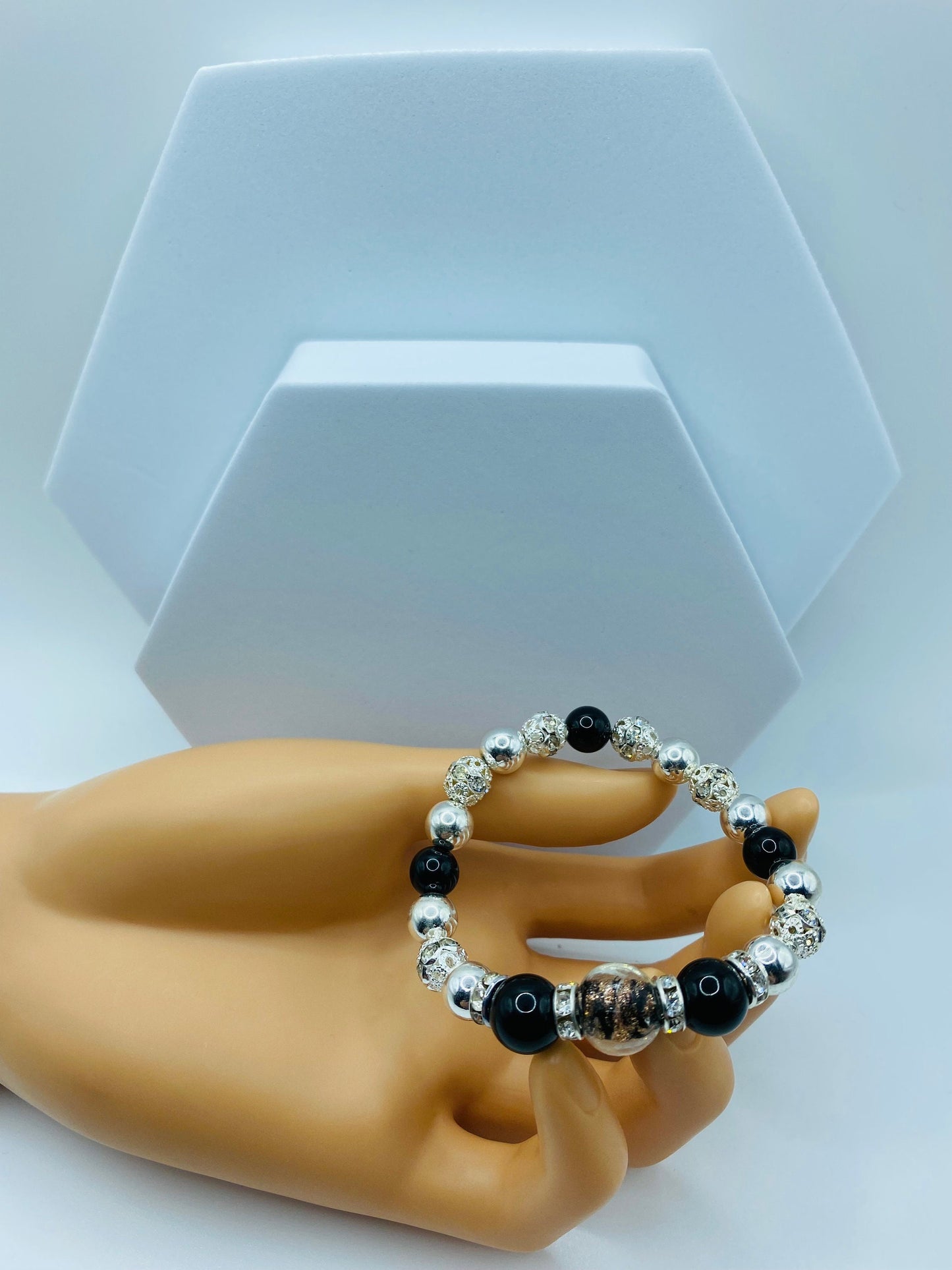 Men's Silver Hematite & Onyx Bracelet with Lampwork Glass Beads