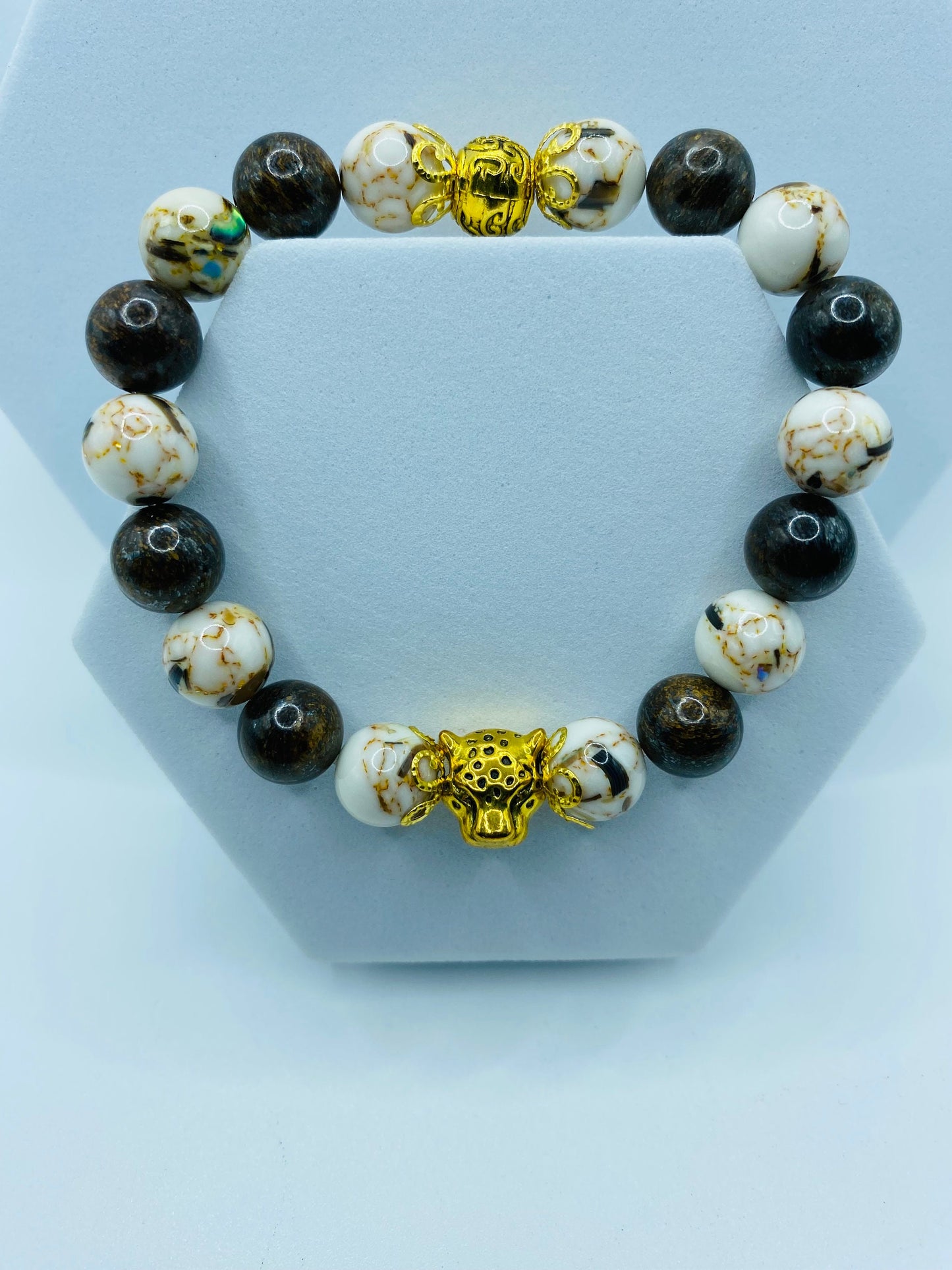 Leopard Charm Bracelet: Bronzite & White Shell Turquoise Gemstone Beads