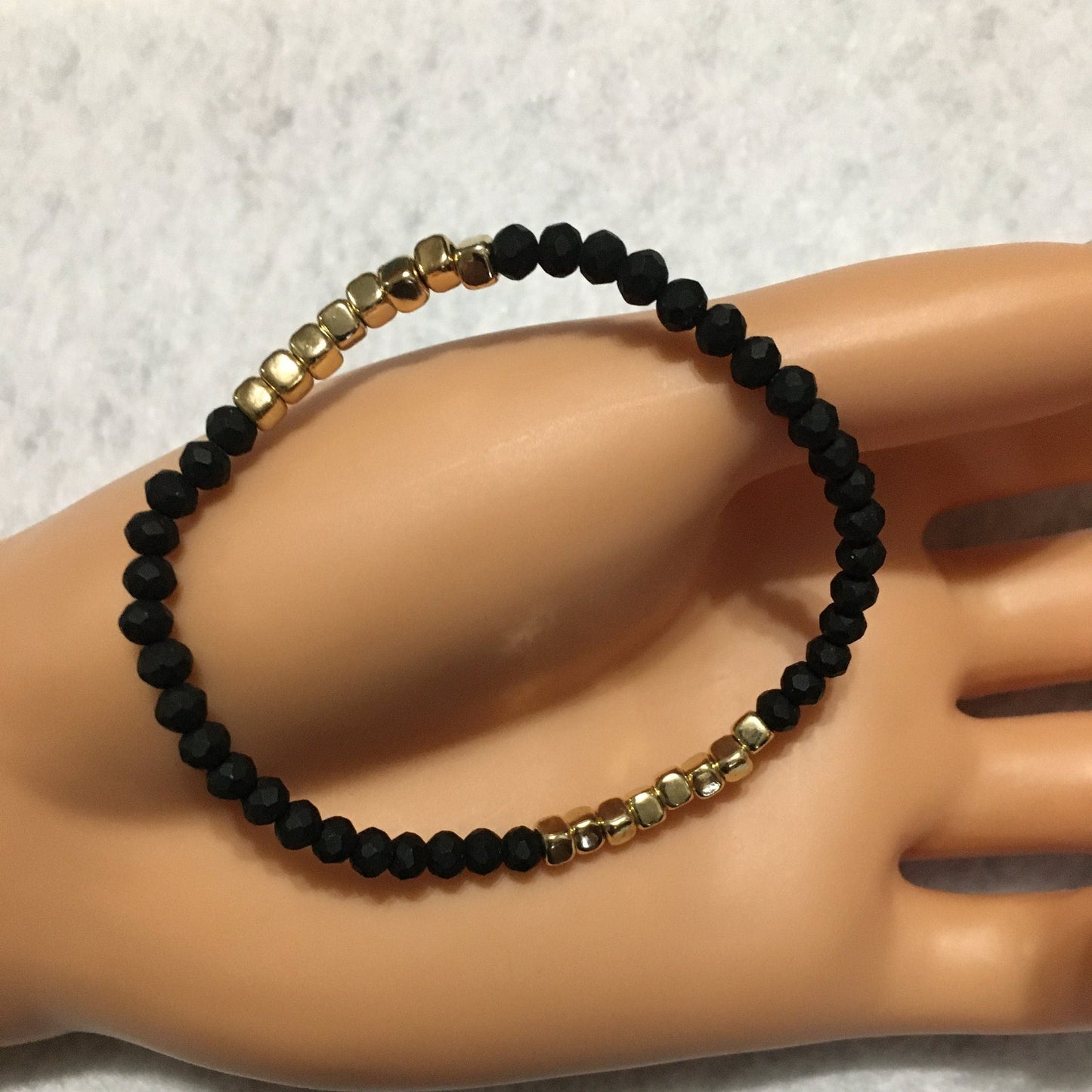 Black Quartz Crystal Bracelet with Gold Spacer Beads - Handmade