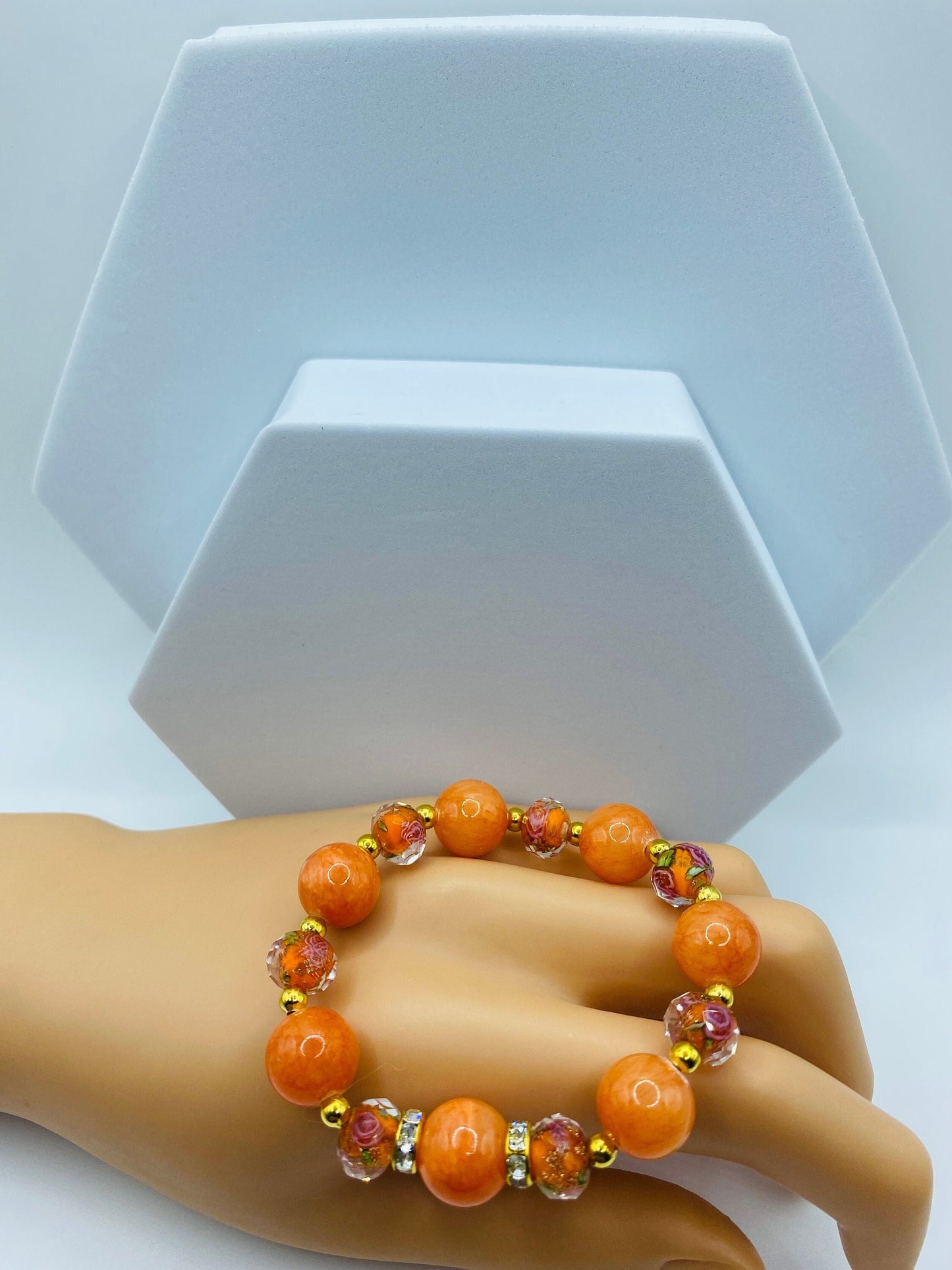 Jade Bracelet Handmade Jewelry for women, orange floral lampwork Glass Beads - Flower Bead Bracelet