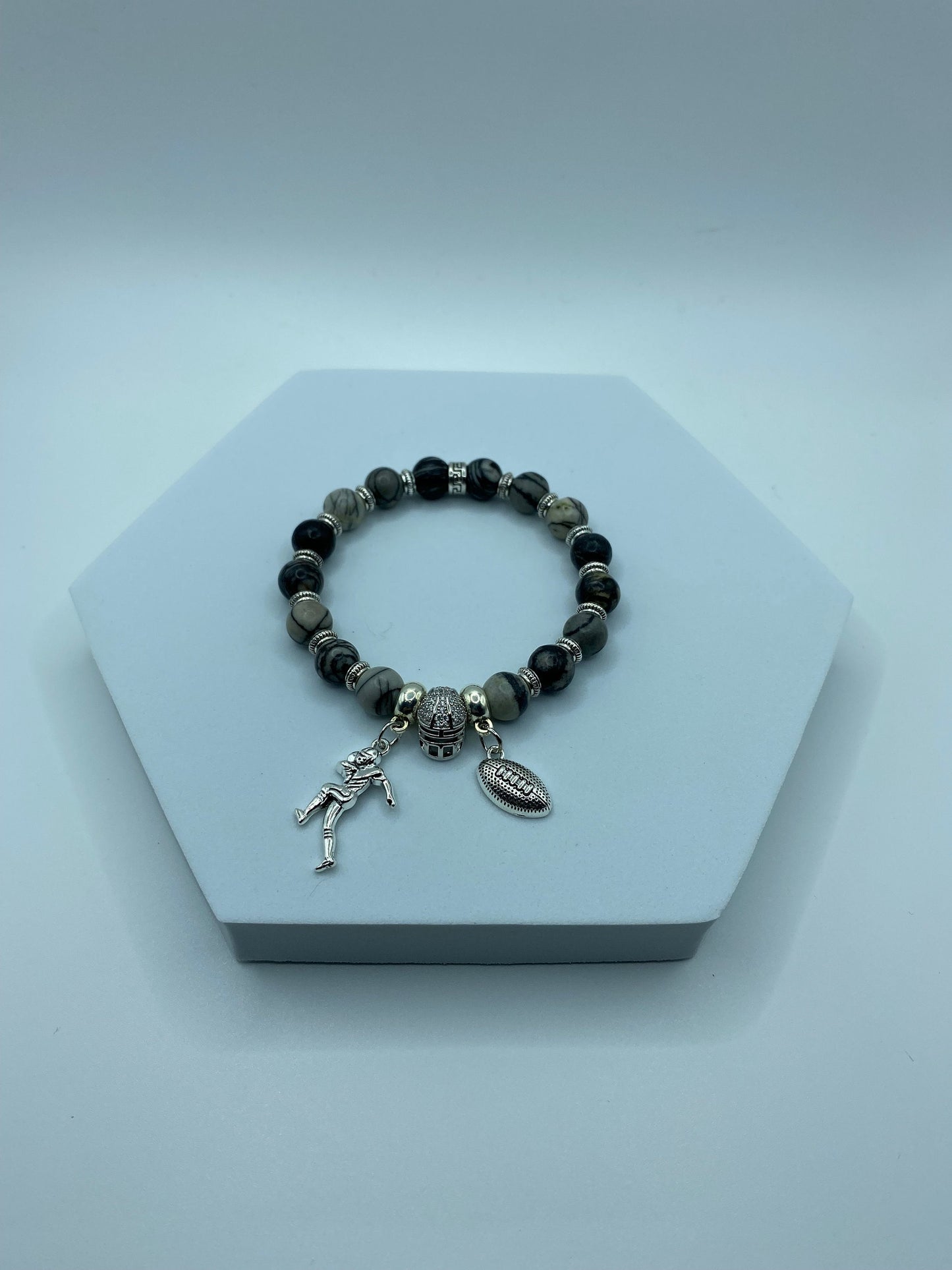 Las Vegas Raiders Charm Bracelet for Men, Womens Bracelet Football Mom, Jasper Gemstone Beads