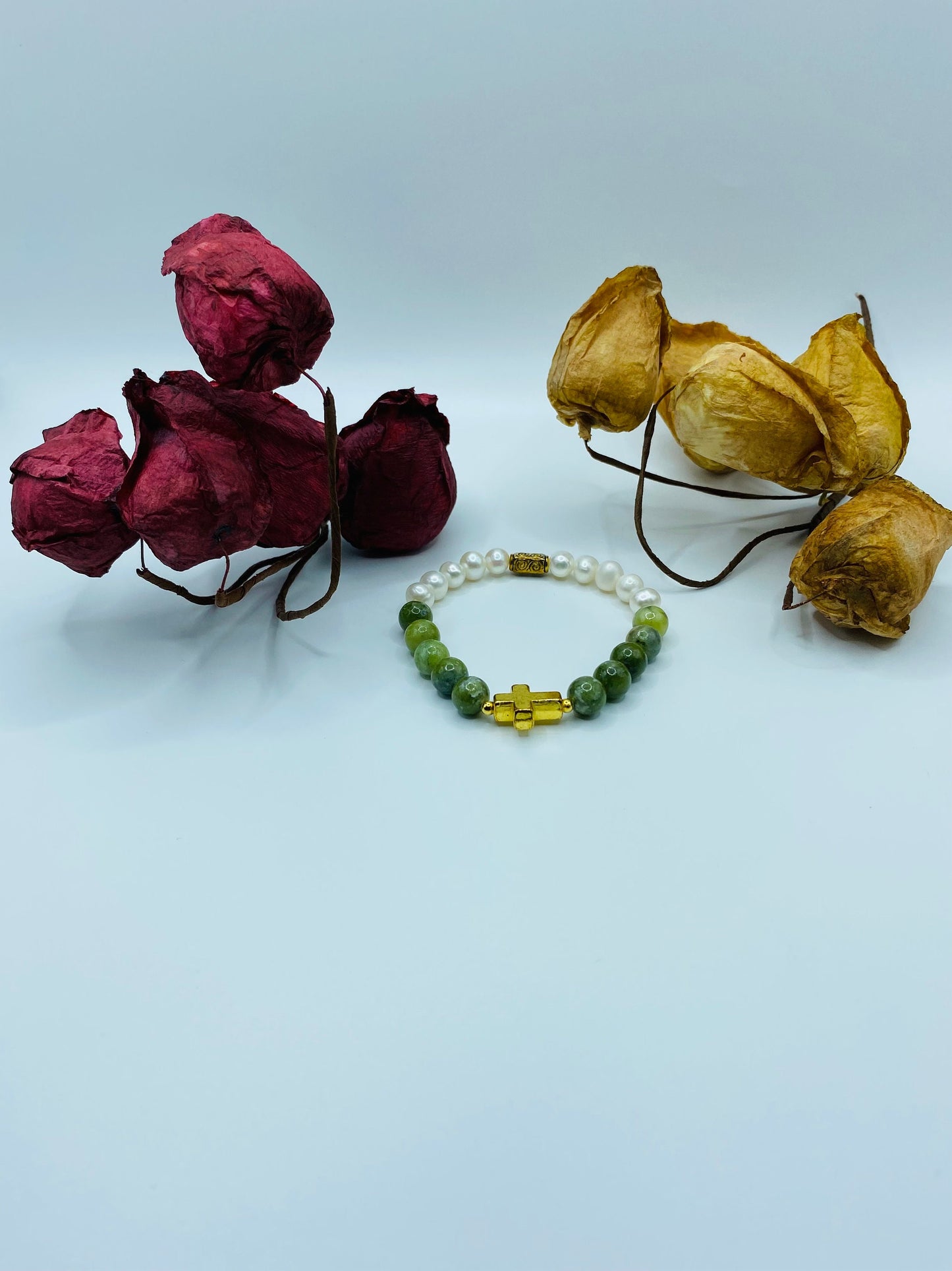 Jade & Pearl Bracelet: Gold Cross Charm, Gemstone Beaded Jewelry