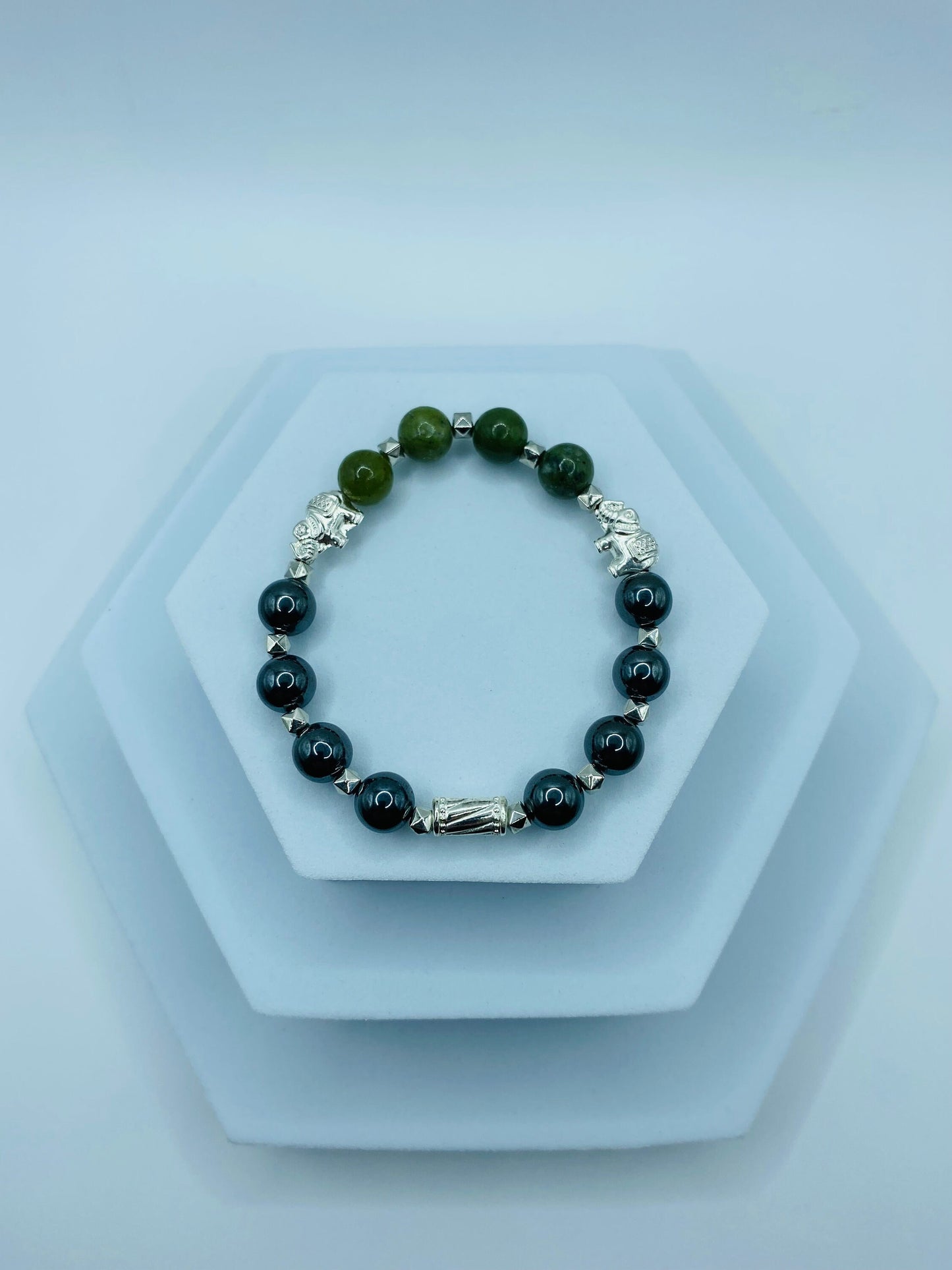 Elephant Jewelry White Gold Womens Bracelet with Jade & Hematite Gemstone Beads - Elephant Gifts
