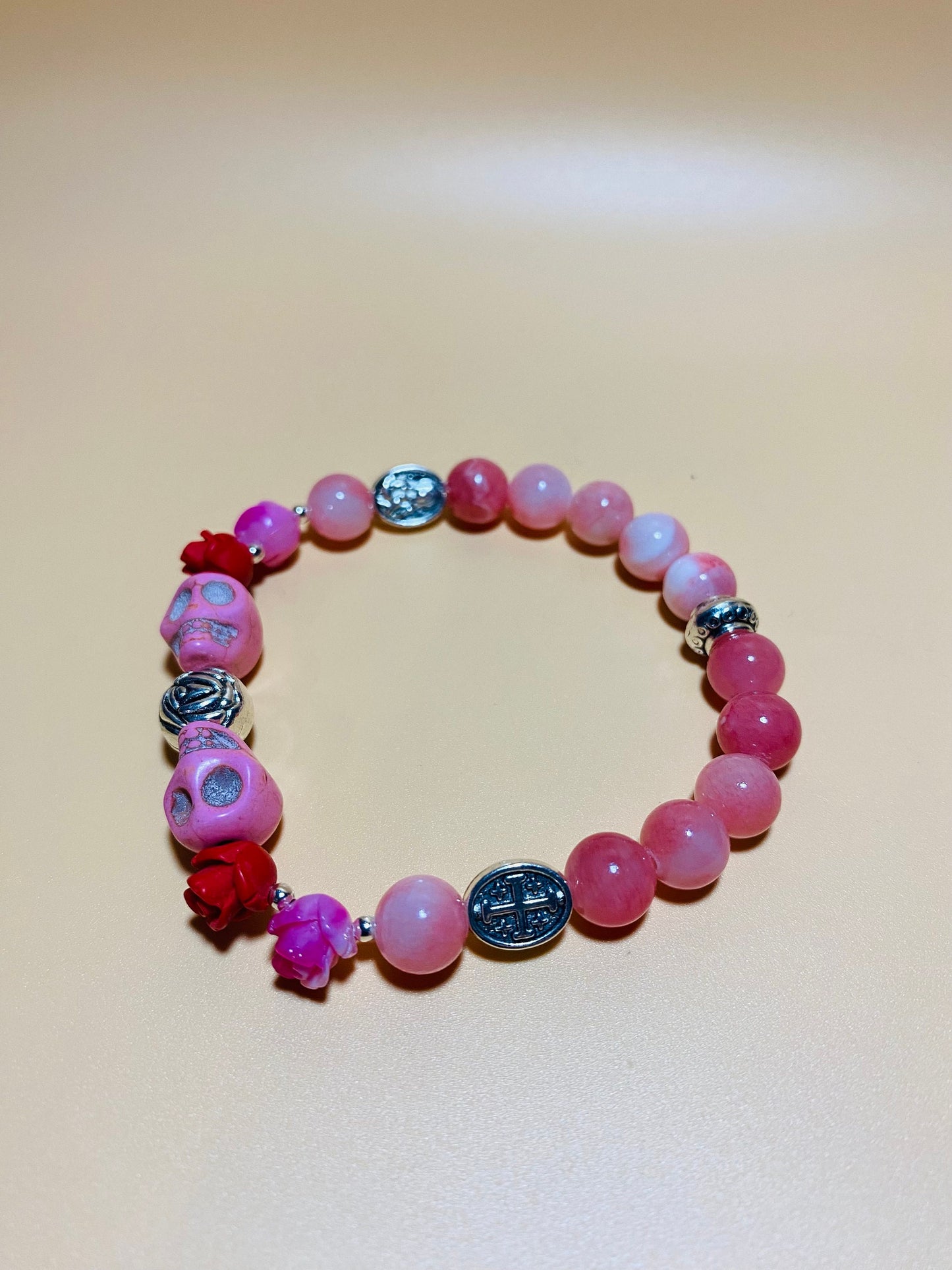 Day of the Dead Religious Jewelry, Jade Bracelet with Skull Beads & Roses, Flower Bracelet