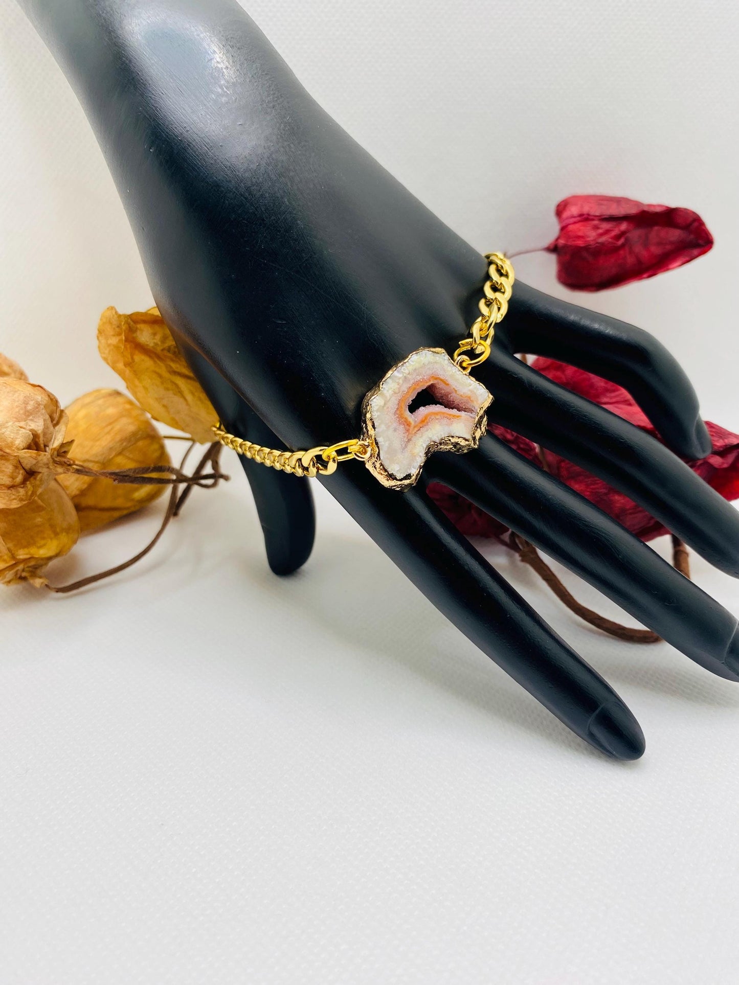 Handmade 18k Gold Cuban Link Bracelet: Geode Agate Gemstone, Magnetic Clasp