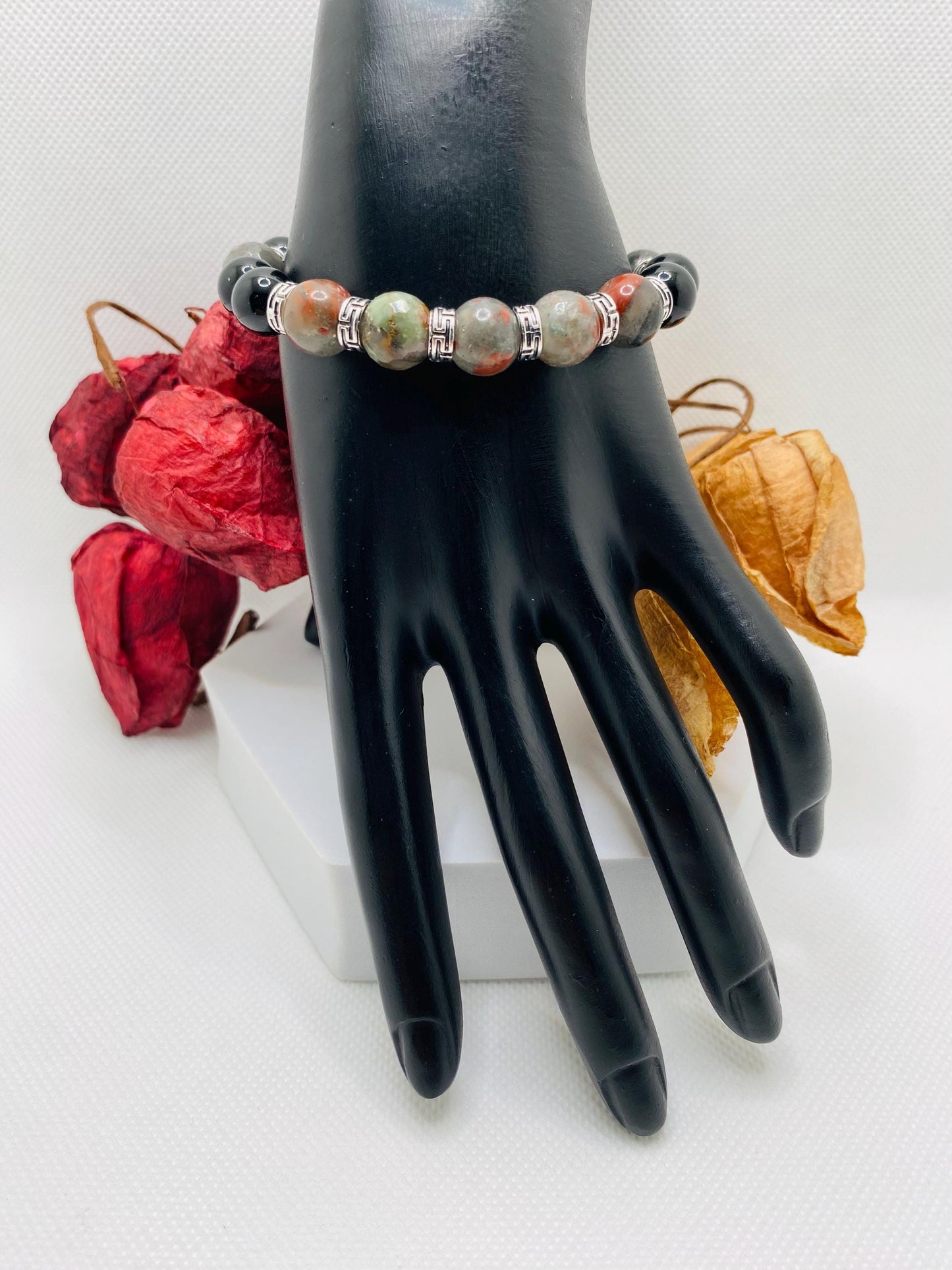 Mens Beaded Bracelet with Onyx & African Jasper Bloodstones, Tibetan Jewelry, Gifts for Men