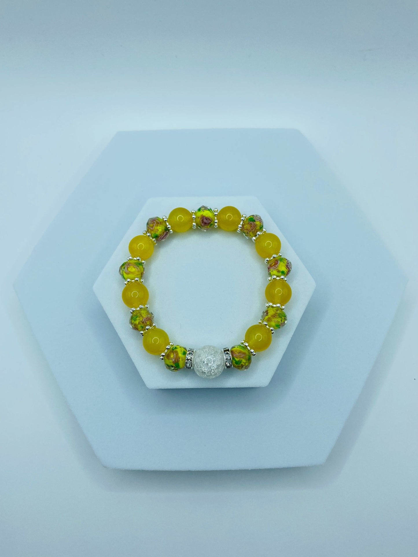 Summer Jewelry for Women with Yellow Agate & Lampwork Glass Beads, Quartz Crystal Bracelet