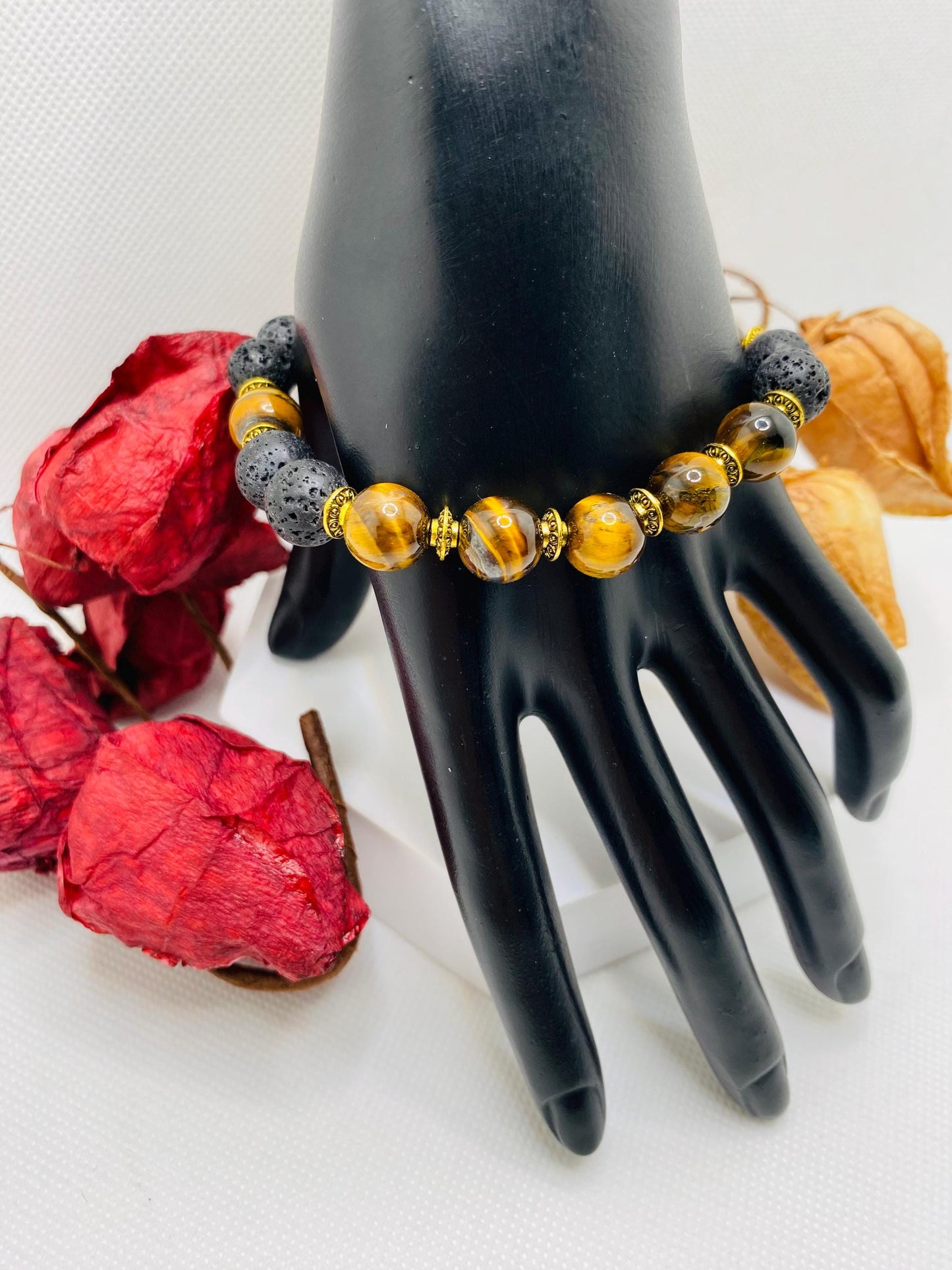 Mens Lava Rock & Tigers Eye Bracelet: Tibetan Gemstone Jewelry