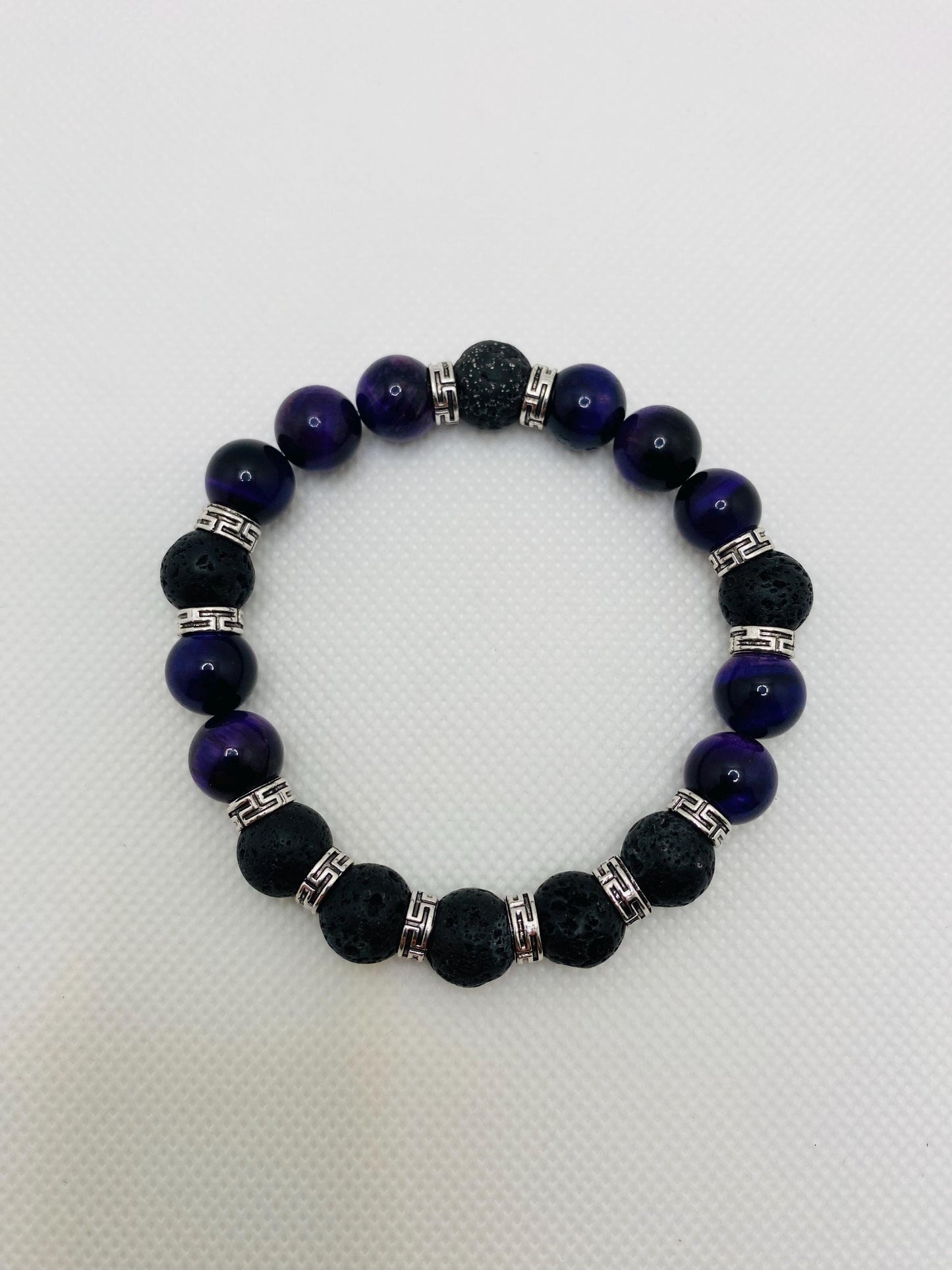 Mens Black Lava Rock & Purple Tiger Eye Bracelet: Tibetan Gemstone Jewelry