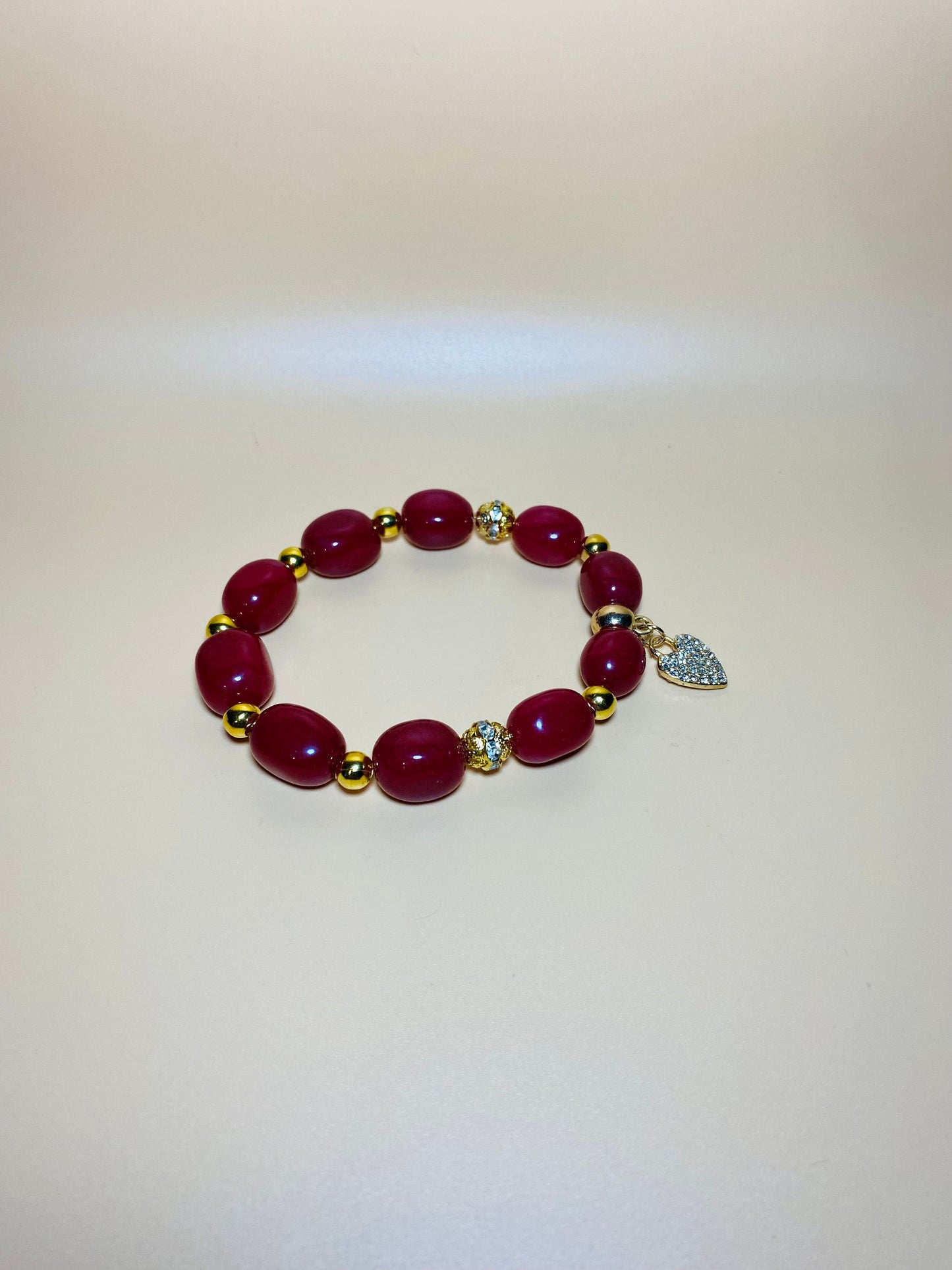Red Jade Beaded Bracelet: Rhinestone Heart Pendant, Gold Accents