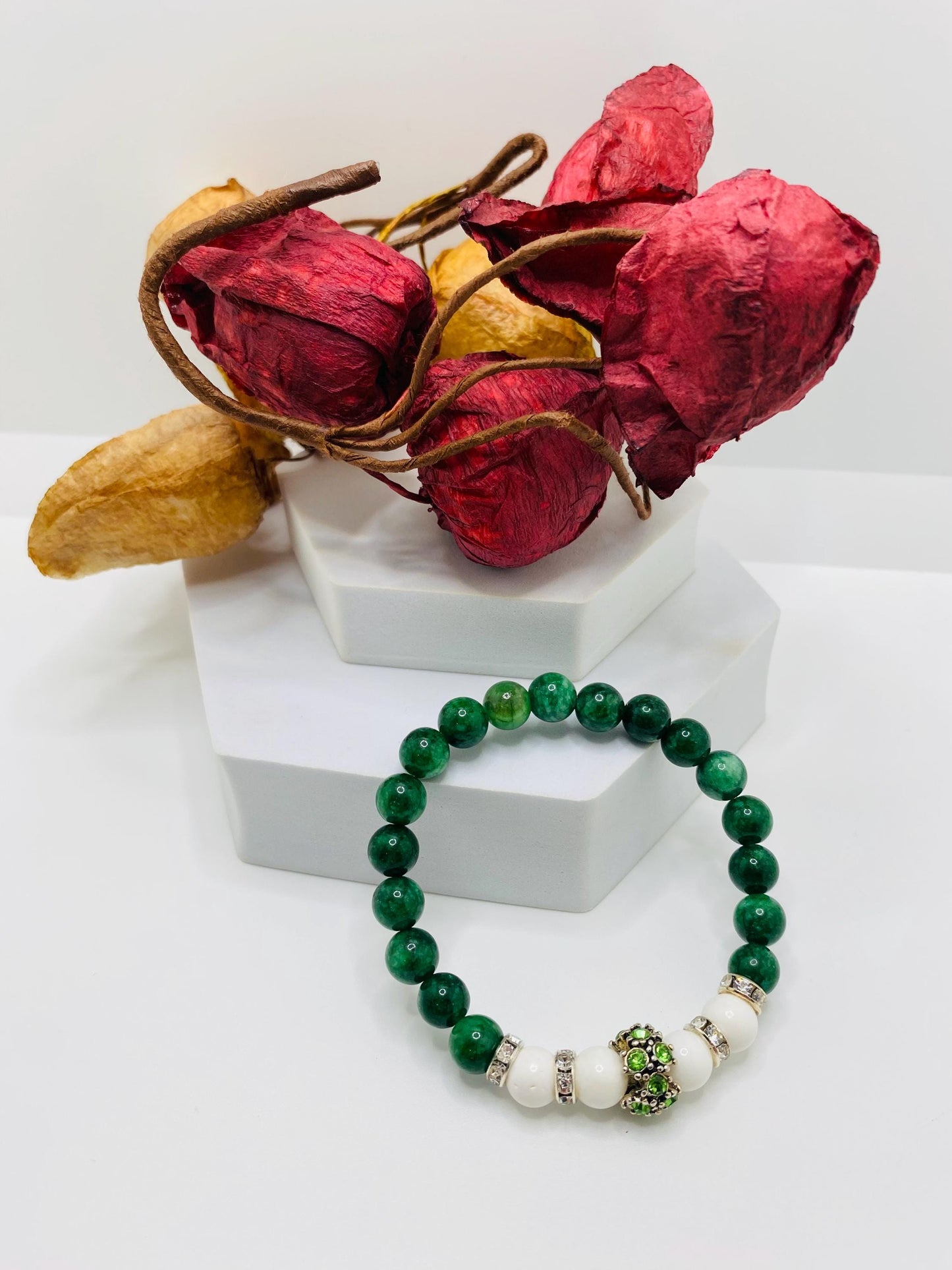 Jade Charm Bracelet: Agate Beads, Silver Rhinestone Charm