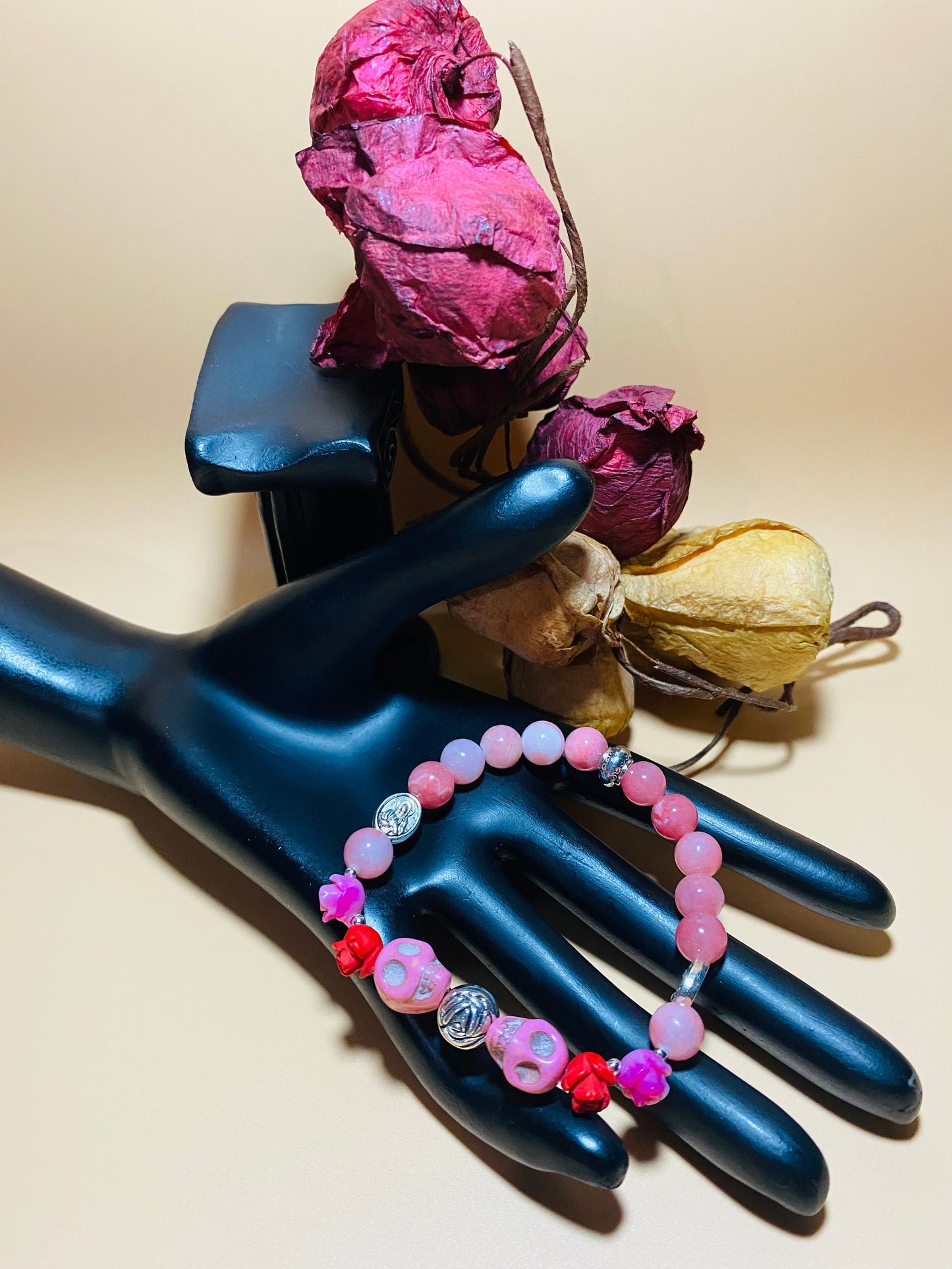 Day of the Dead Religious Jewelry, Jade Bracelet with Skull Beads & Roses, Flower Bracelet