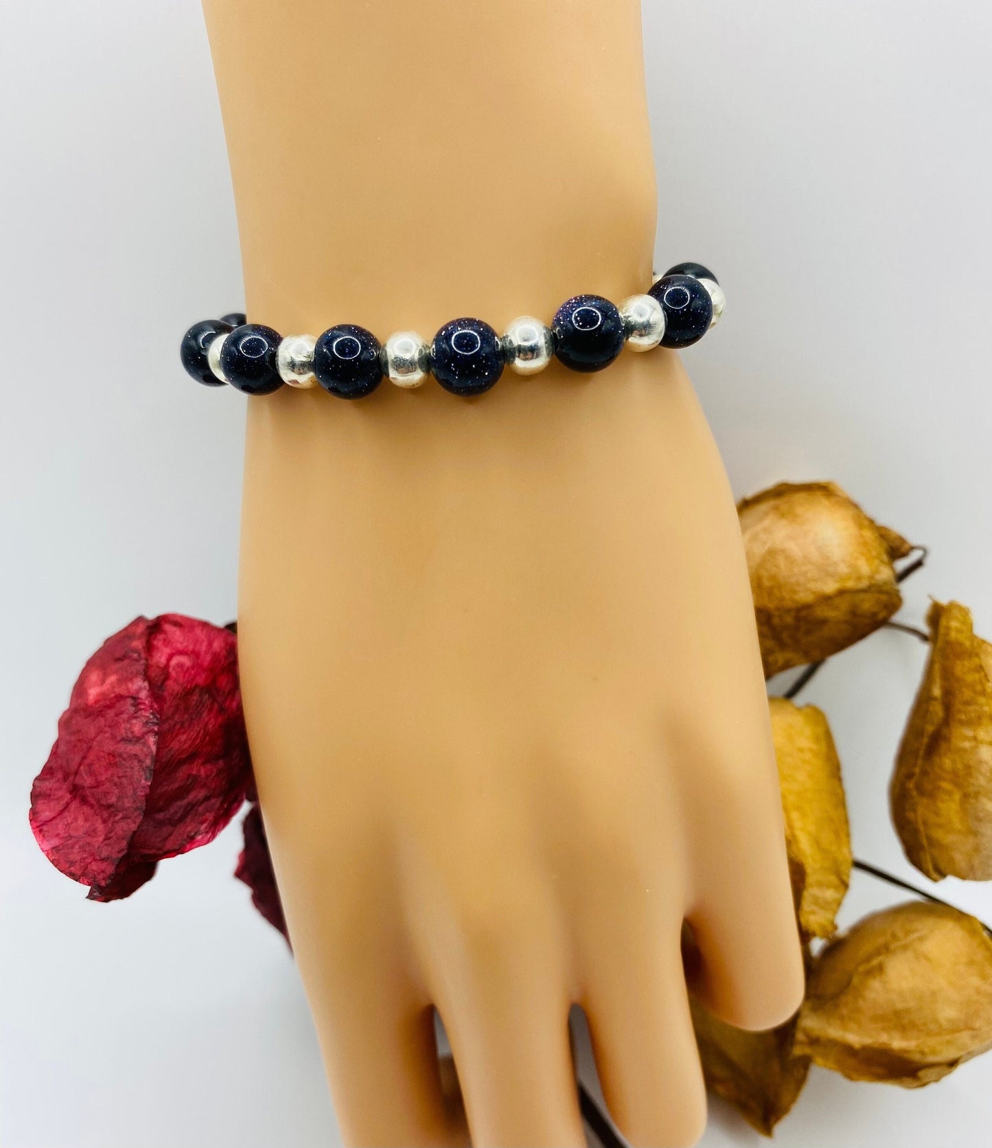 Beaded Bracelet Silver Hematite & Blue Sandstone Gemstone Beads - Mens Bracelet - Bracelets for Women