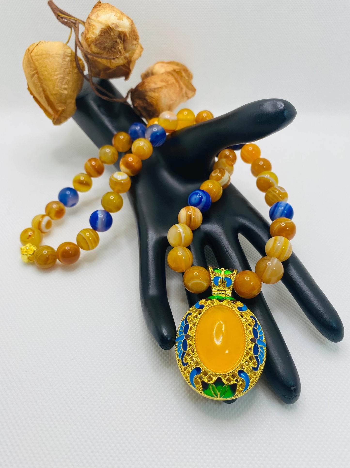 Handmade Chalcedony Pendant Necklace: Striped Agate Gemstone Beads, Boho Jewelry