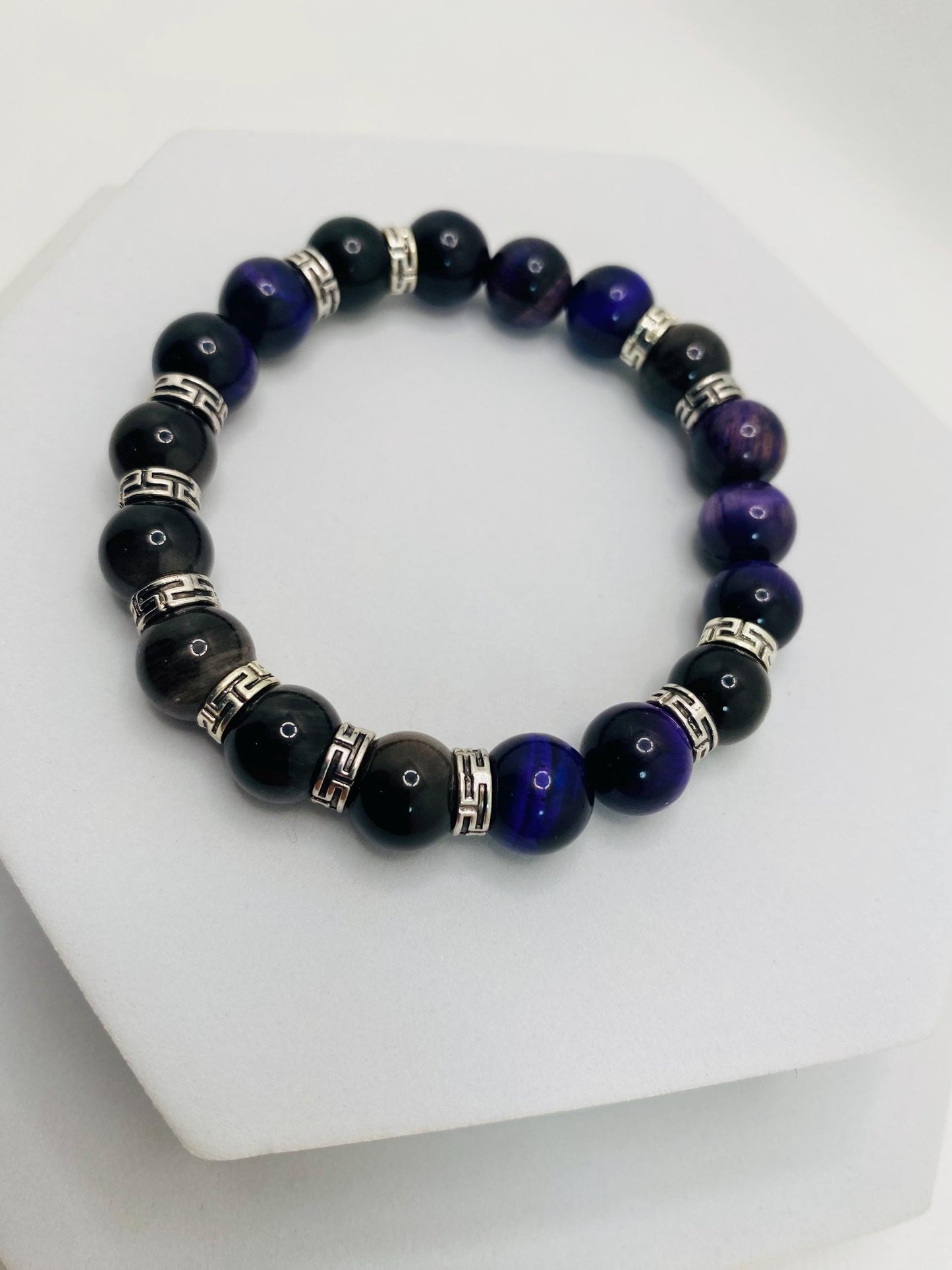 Tigers Eye Bracelet for Men: Black Obsidian & Tibetan Spacers