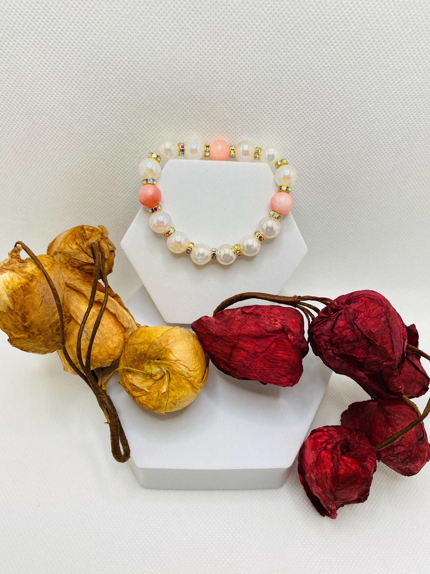 Snow Quartz & Pink Gemstone Bracelet: 18k Gold Plated Rondelles