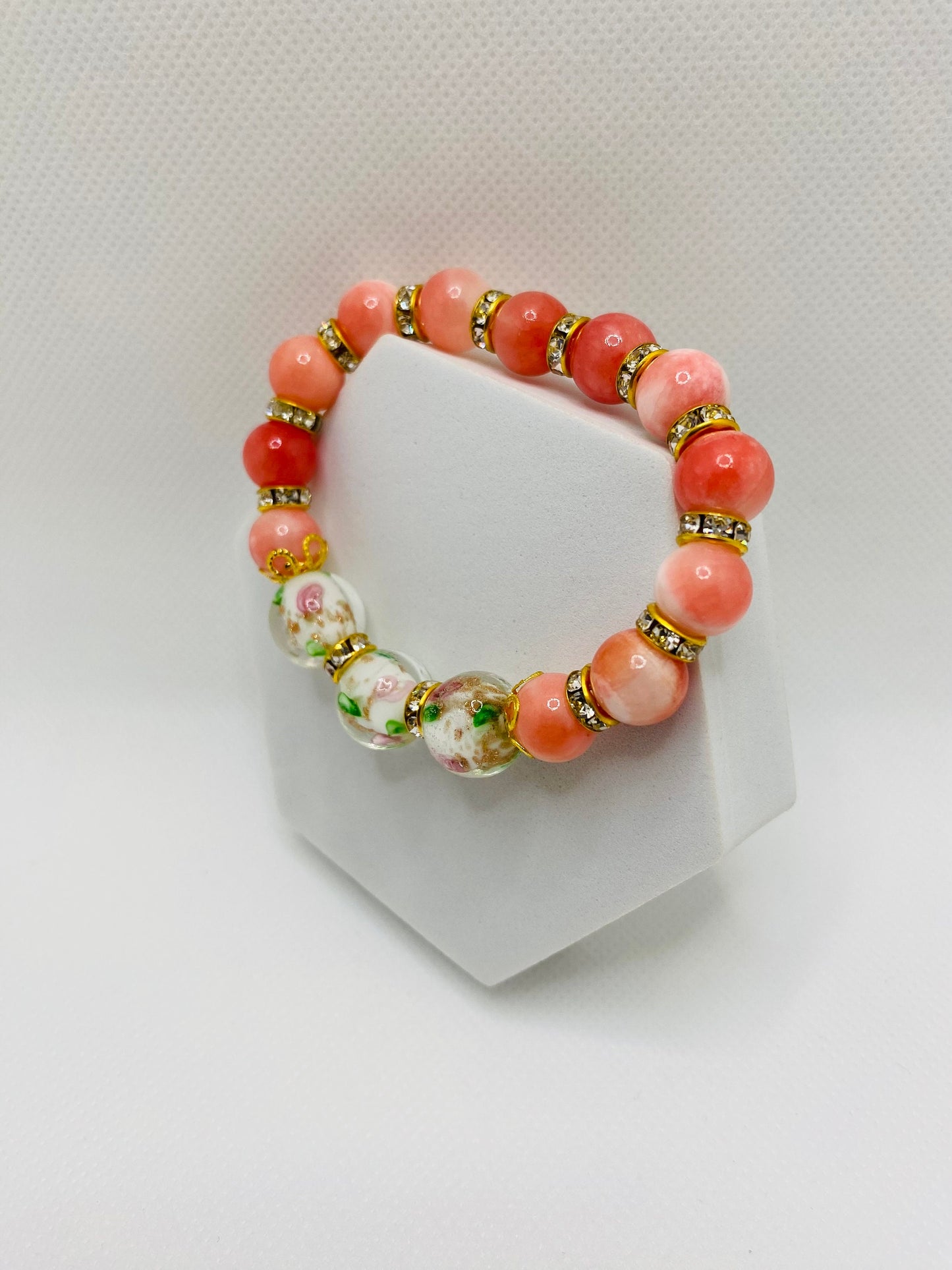 Jade Bracelet: Pink Lampwork Glass Beads, 18k Gold Rondelles