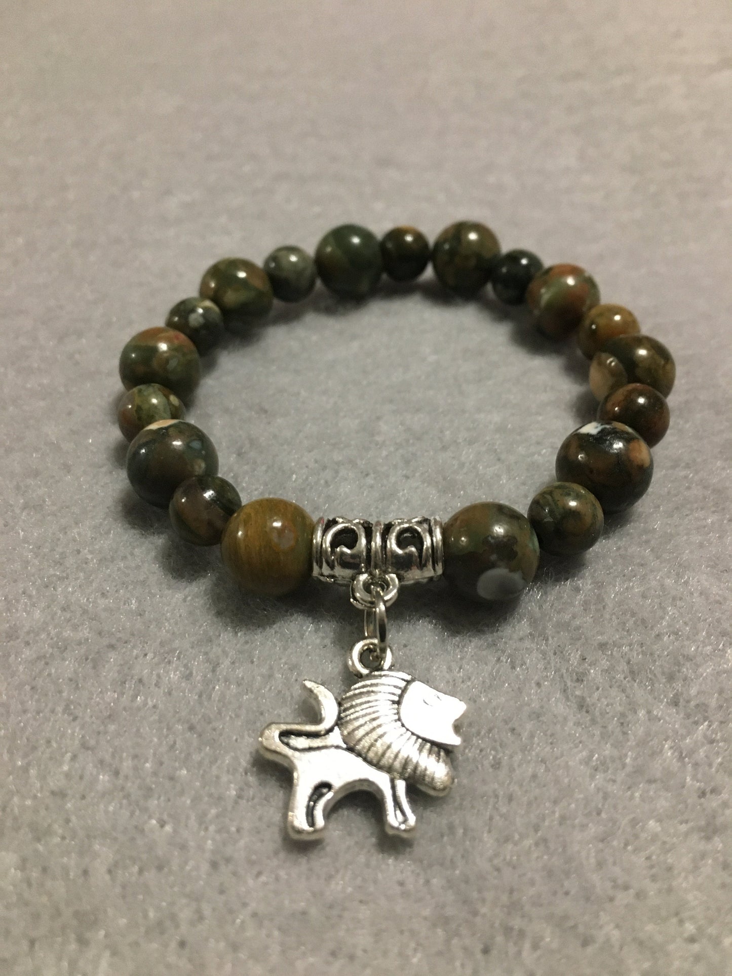 Lion Charm Bracelet: Rhyolite Gemstone Beads, Antique Silver Lion