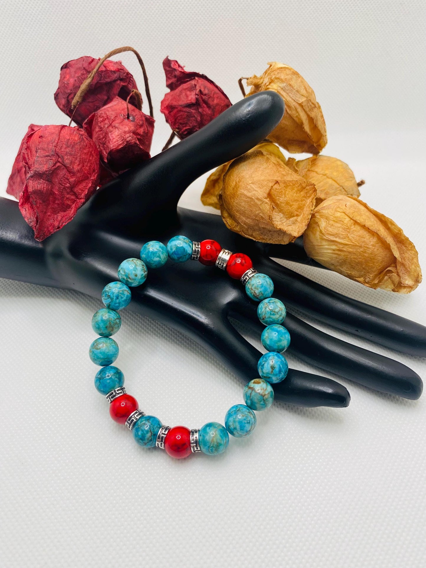 Turquoise & Red Gemstone Bracelet with Tibetan Spacers