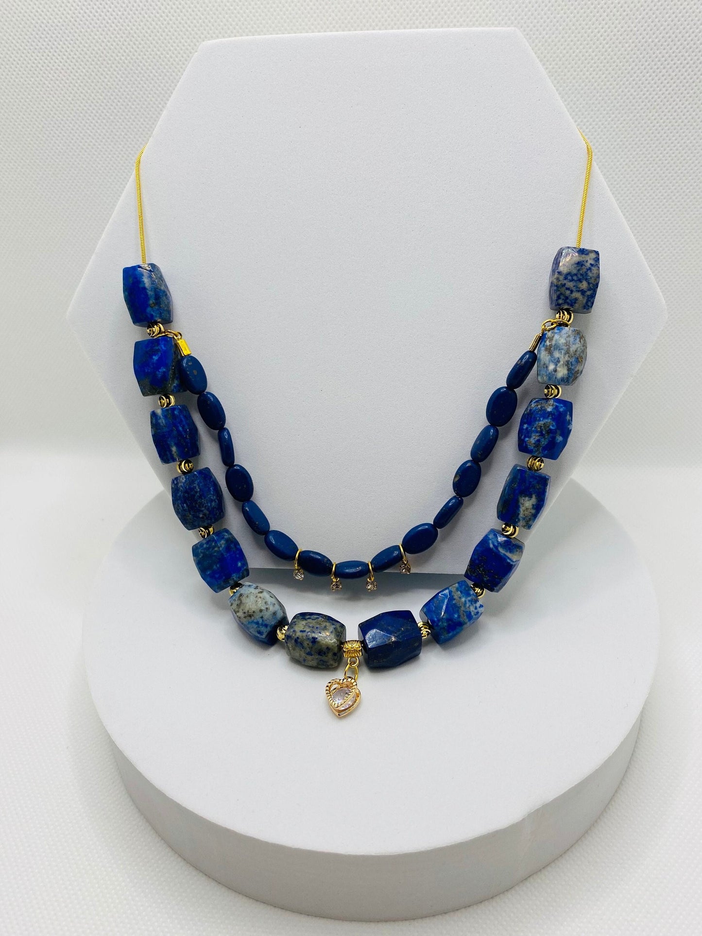 Handmade Lapis Lazuli Layered Necklace: Gold Plated Heart Pendant