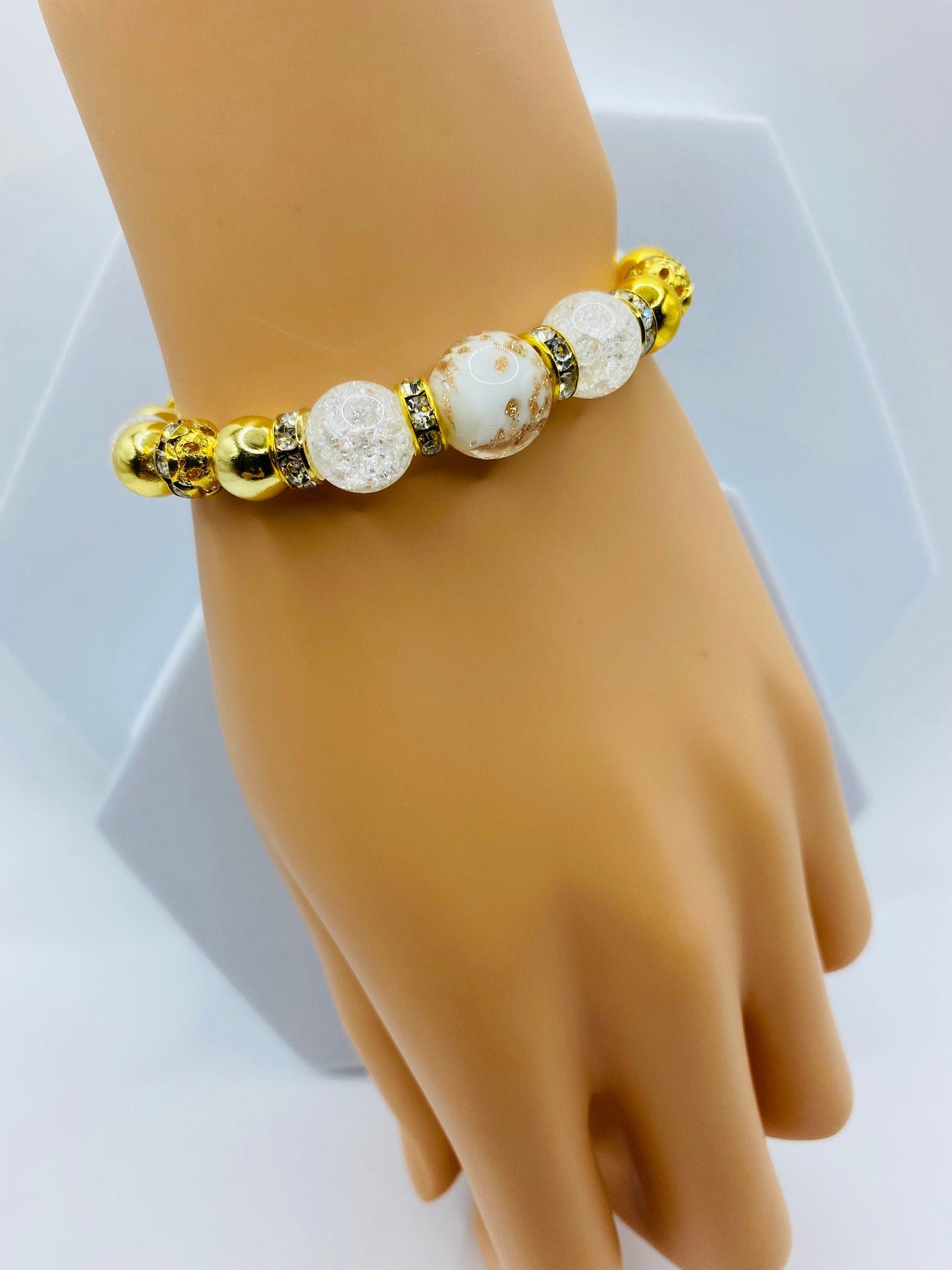 Gold Hematite Bracelet: Lampwork Glass & Crackle Quartz Crystal
