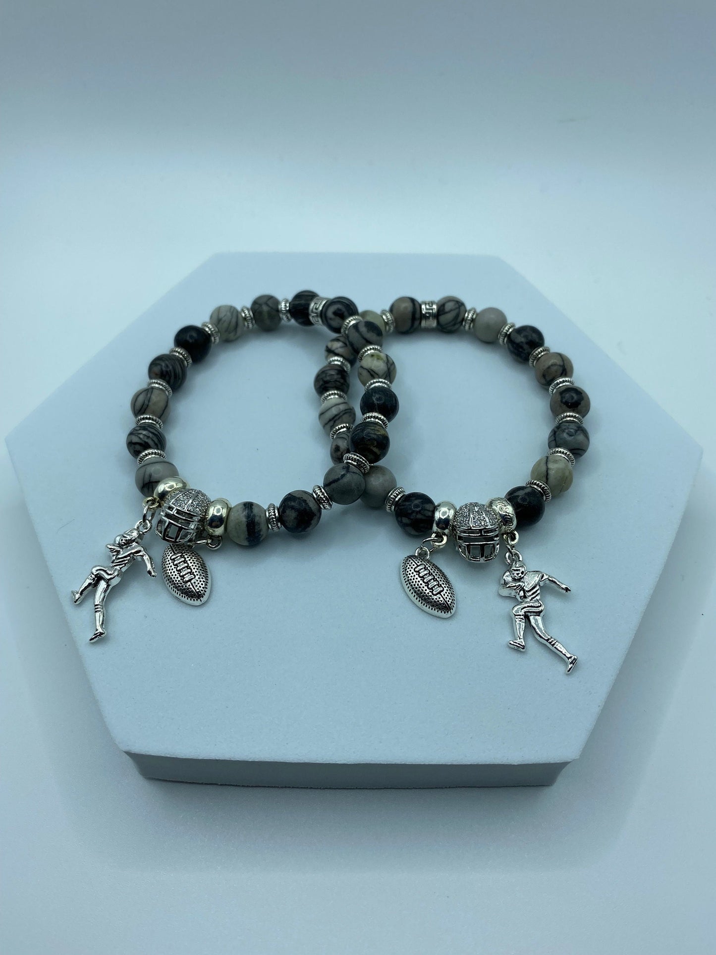 Las Vegas Raiders Charm Bracelet for Men, Womens Bracelet Football Mom, Jasper Gemstone Beads