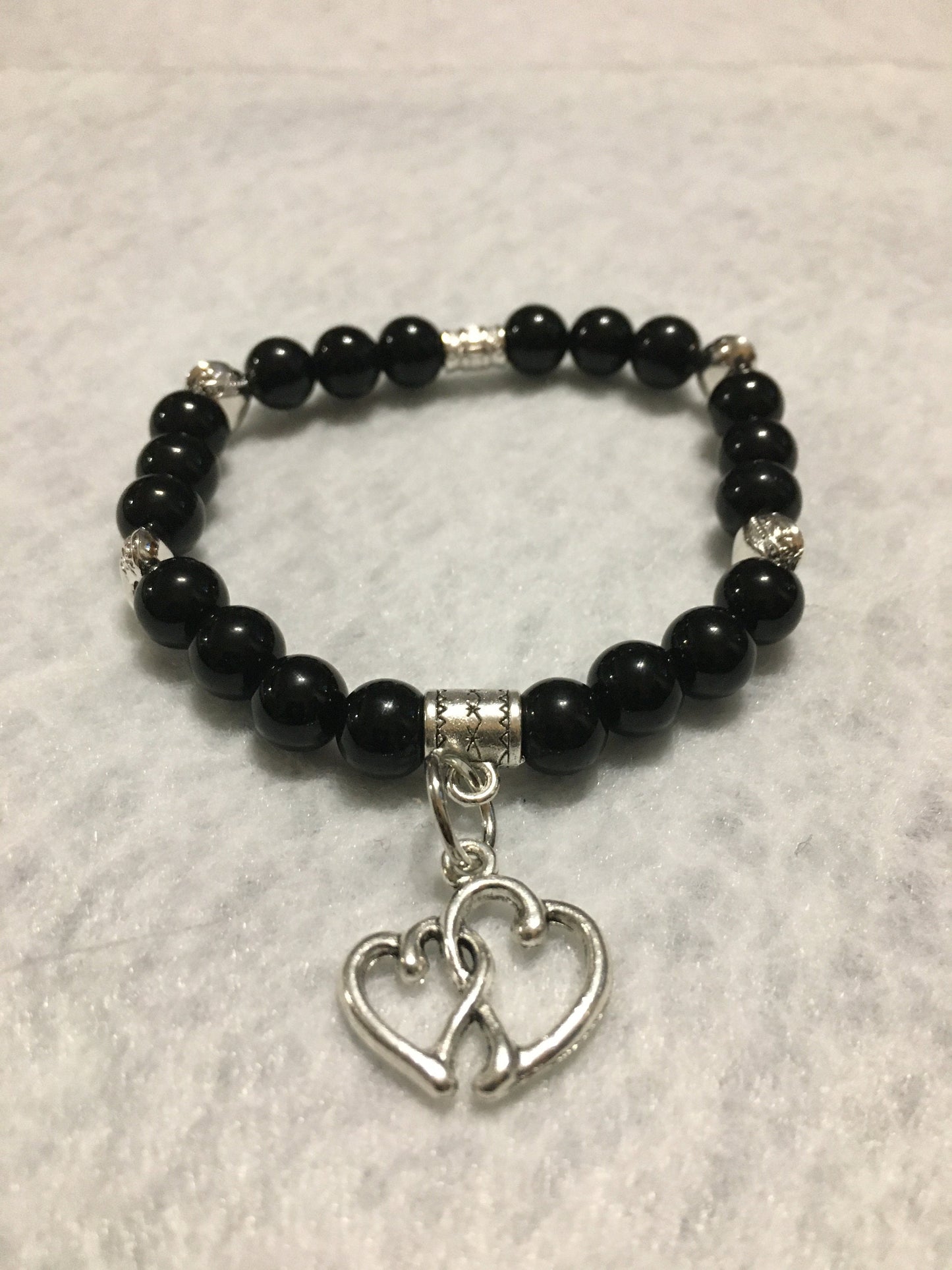 Black Tourmaline Bracelet with Intertwined Heart Charm