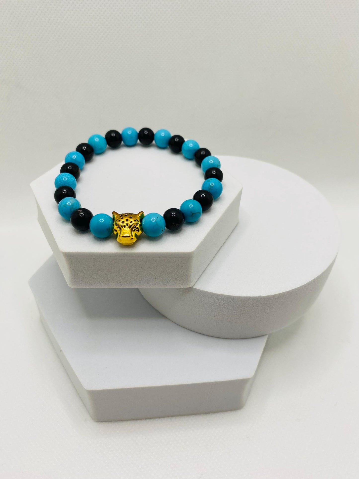 Jacksonville Jaguars Bracelet: Jade & Onyx Gemstone Beads with Gold Jaguar Charm